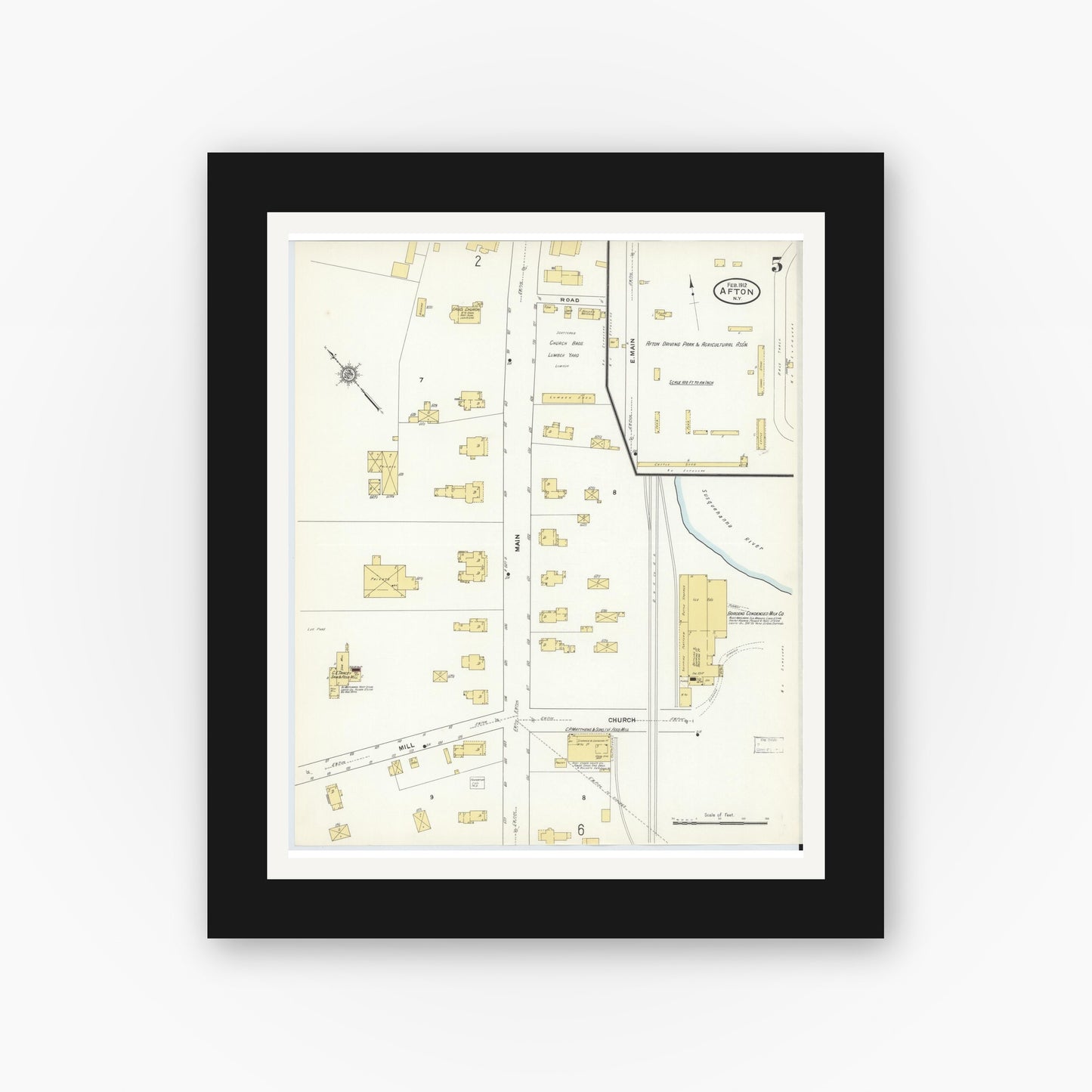 Old map wall art mockup — black gallery frame with white mat — Sanborn Fire Insurance Map from Afton, Chenango County, New York (1912), Sheet #0005