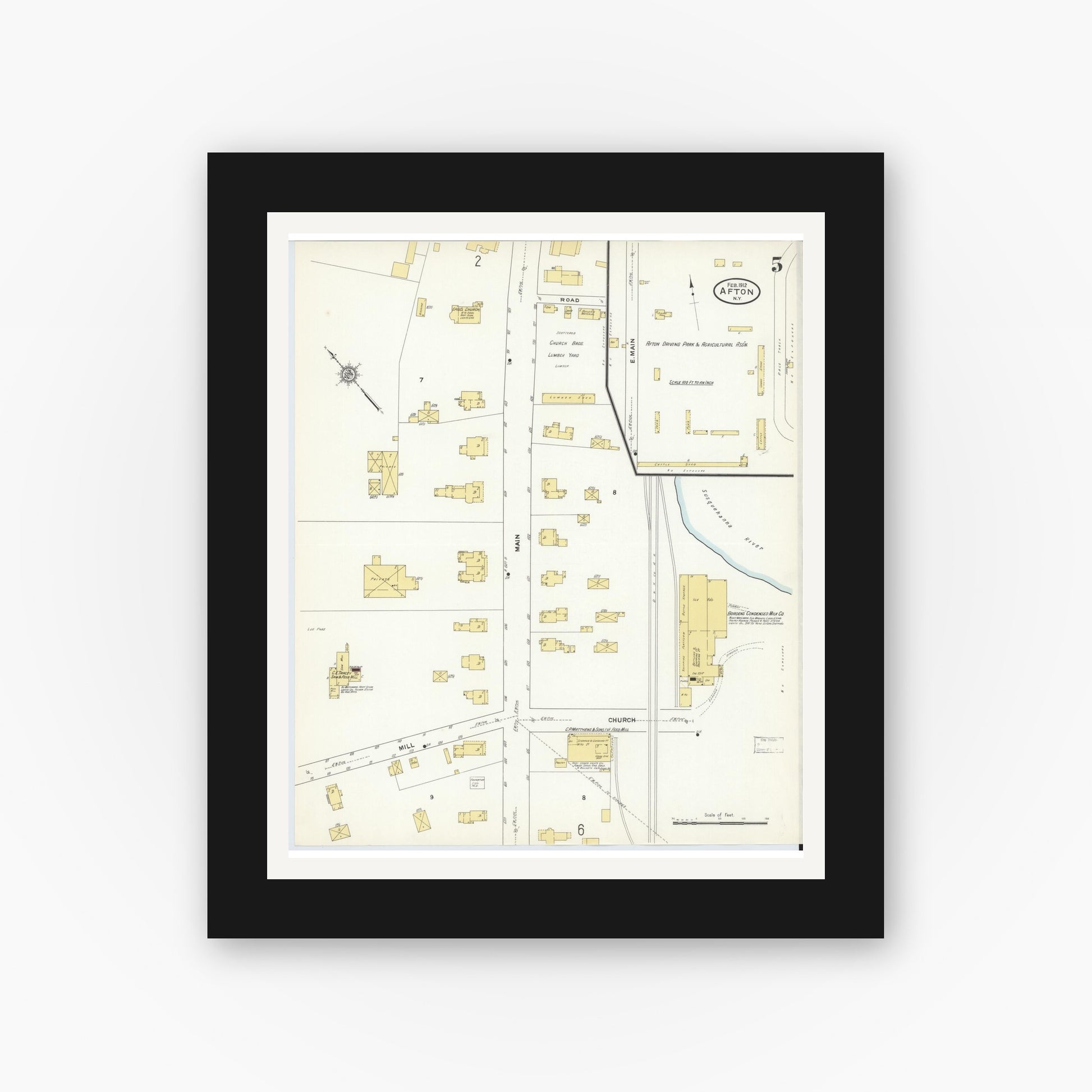 Old map wall art mockup — black gallery frame with white mat — Sanborn Fire Insurance Map from Afton, Chenango County, New York (1912), Sheet #0005