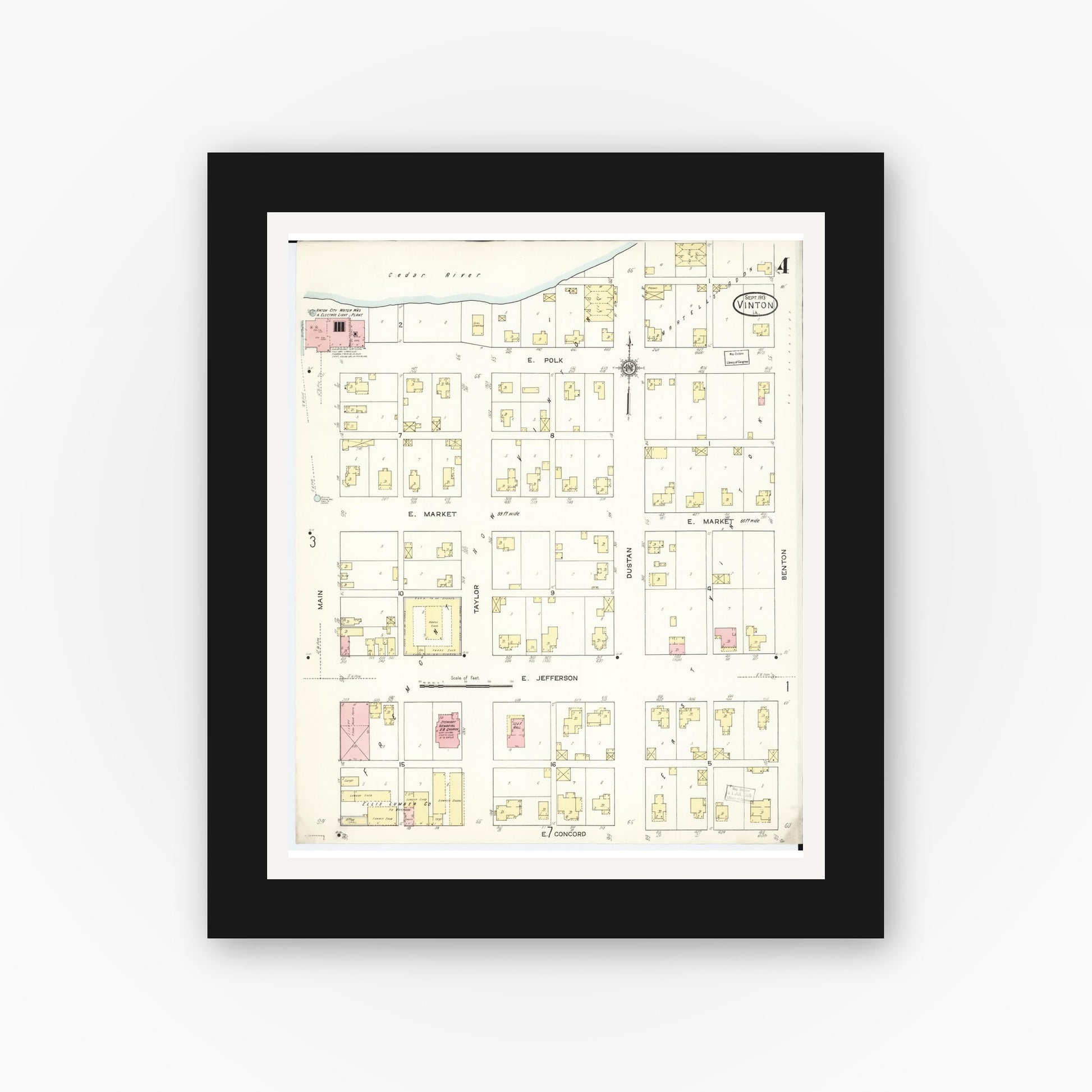 Old map wall art mockup — black gallery frame with white mat — Sanborn Fire Insurance Map from Vinton, Benton County, Iowa (1913), Sheet #0004