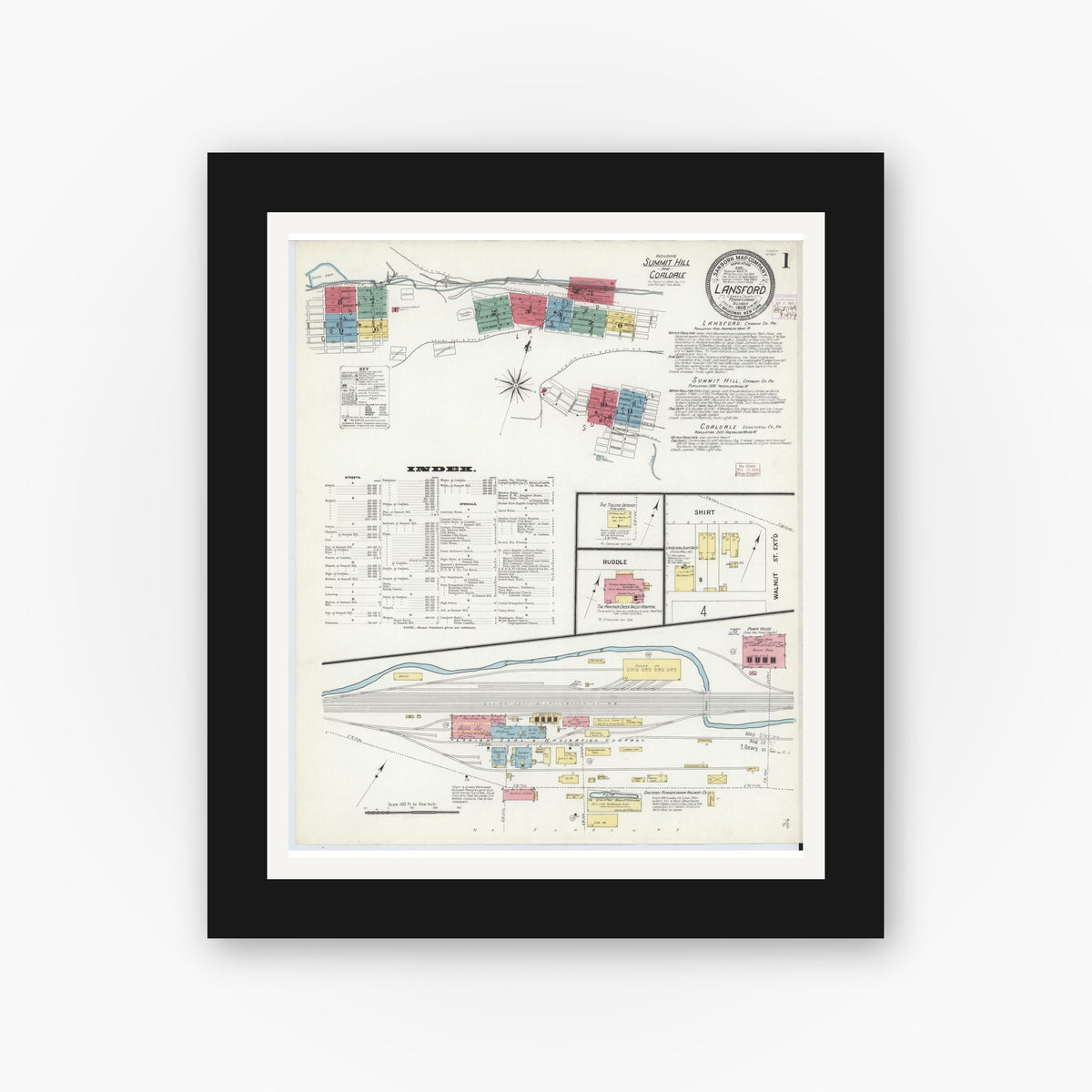 Old map wall art mockup — black gallery frame with white mat — Sanborn Fire Insurance Map from Lansford, Carbon County, Pennsylvania (1908) - Complete Map Set