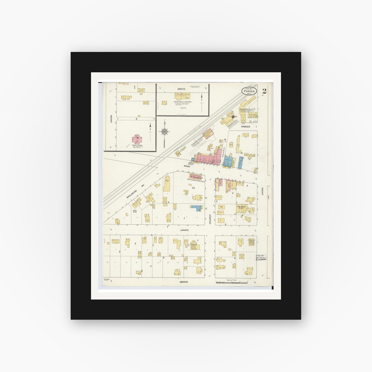 Old map wall art mockup — black gallery frame with white mat — Sanborn Fire Insurance Map from Parma, Jackson County, Michigan (1913), Sheet #0002
