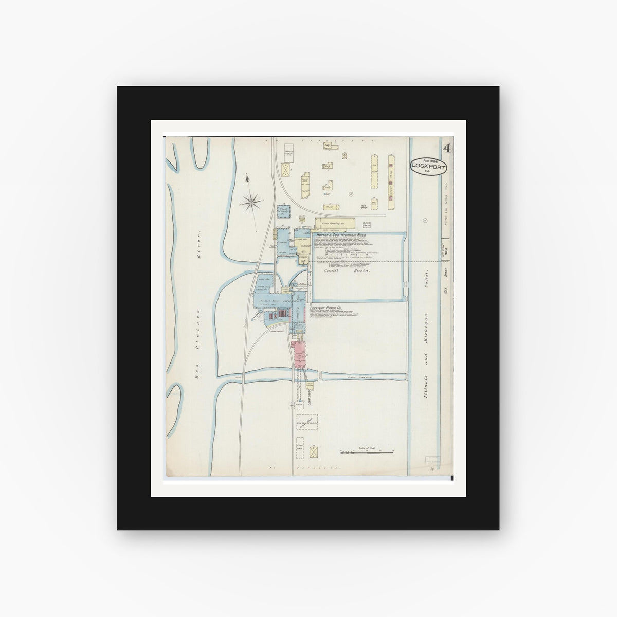 Old map wall art mockup — black gallery frame with white mat — Sanborn Fire Insurance Map from Lockport, Will County, Illinois (1886), Sheet #0004