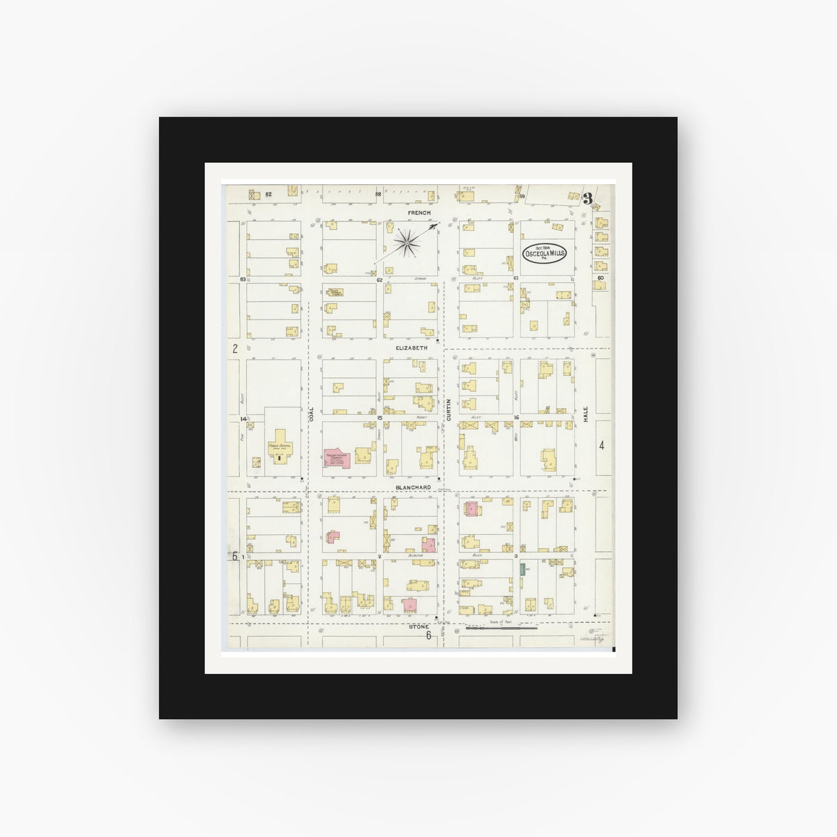 Old map wall art mockup — black gallery frame with white mat — Sanborn Fire Insurance Map from Osceola Mills, Clearfield County, Pennsylvania (1904), Sheet #0003