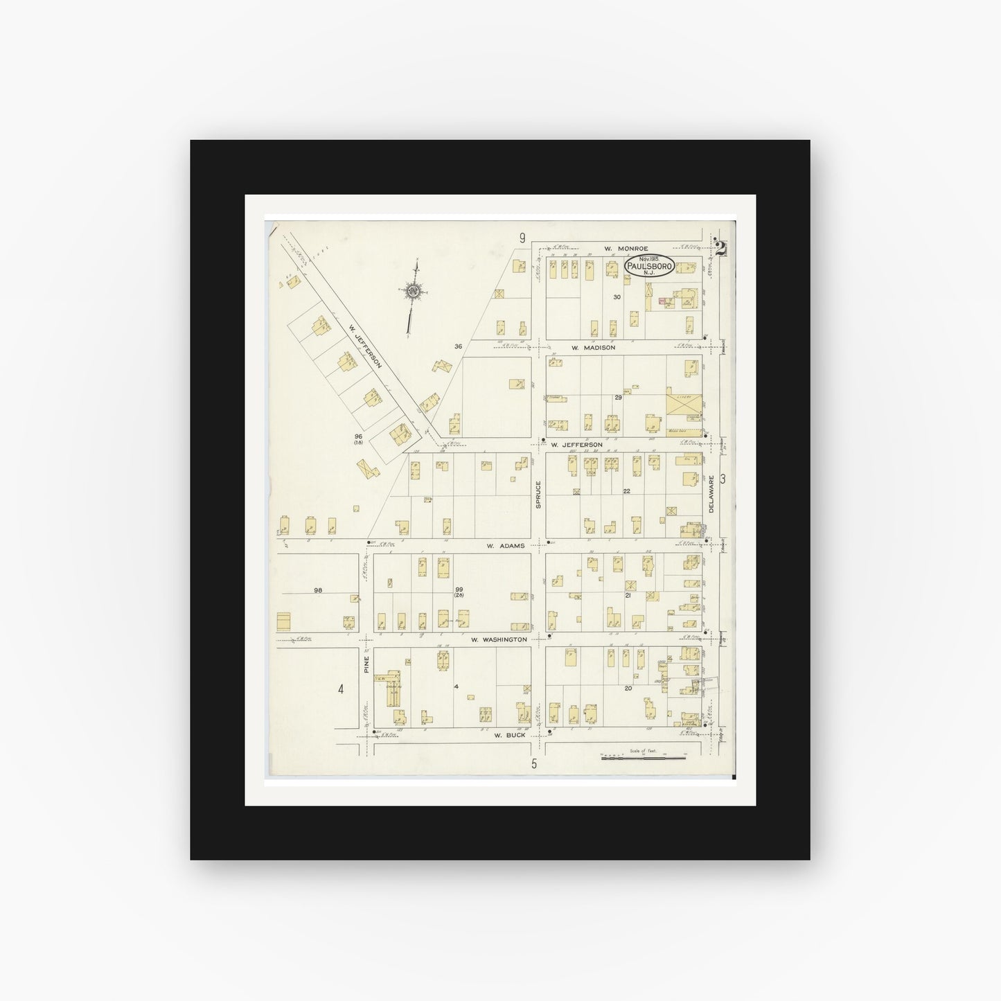 Old map wall art mockup — black gallery frame with white mat — Sanborn Fire Insurance Map from Paulsboro, Gloucester County, New Jersey (1915), Sheet #0002