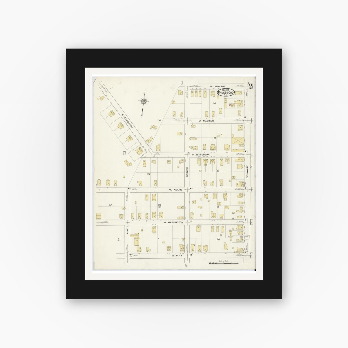 Old map wall art mockup — black gallery frame with white mat — Sanborn Fire Insurance Map from Paulsboro, Gloucester County, New Jersey (1915), Sheet #0002