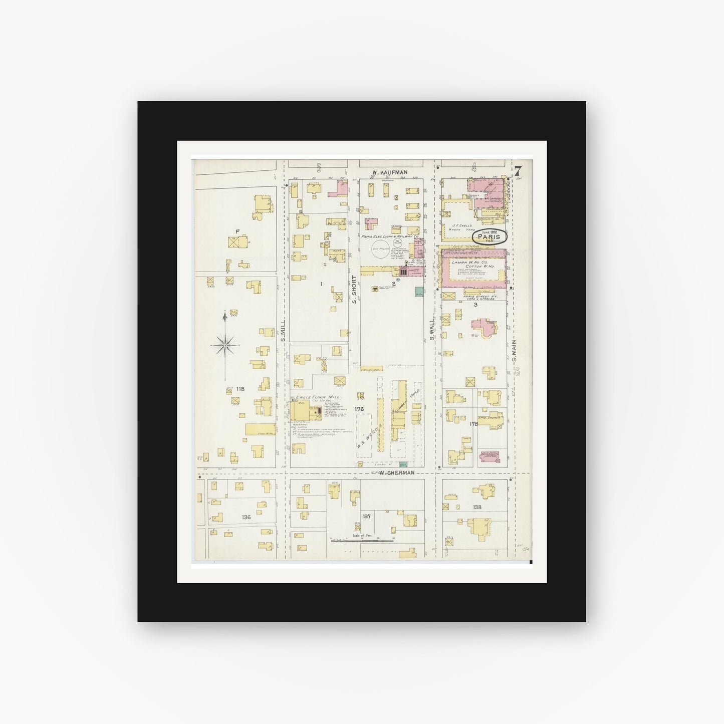 Old map wall art mockup — black gallery frame with white mat — Sanborn Fire Insurance Map from Paris, Lamar County, Texas (1892), Sheet #0007