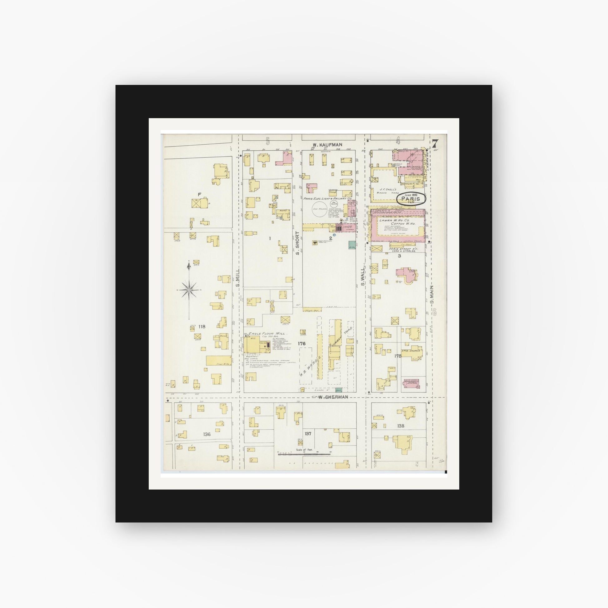 Old map wall art mockup — black gallery frame with white mat — Sanborn Fire Insurance Map from Paris, Lamar County, Texas (1892), Sheet #0007