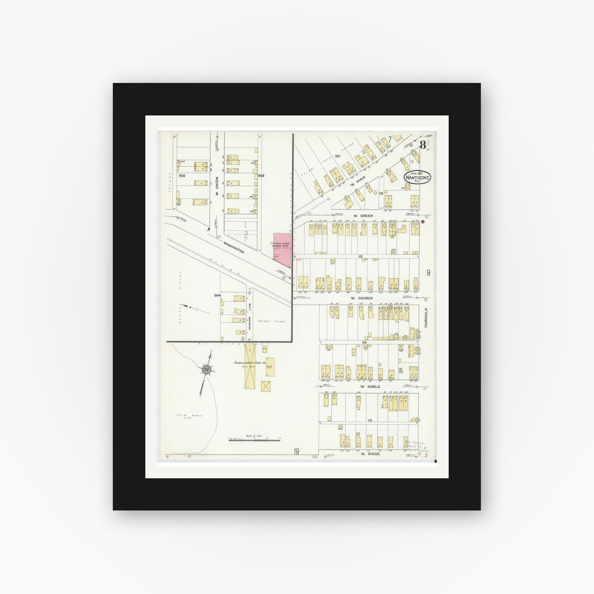 Old map wall art mockup — black gallery frame with white mat — Sanborn Fire Insurance Map from Nanticoke, Luzerne County, Pennsylvania (1912), Sheet #0008