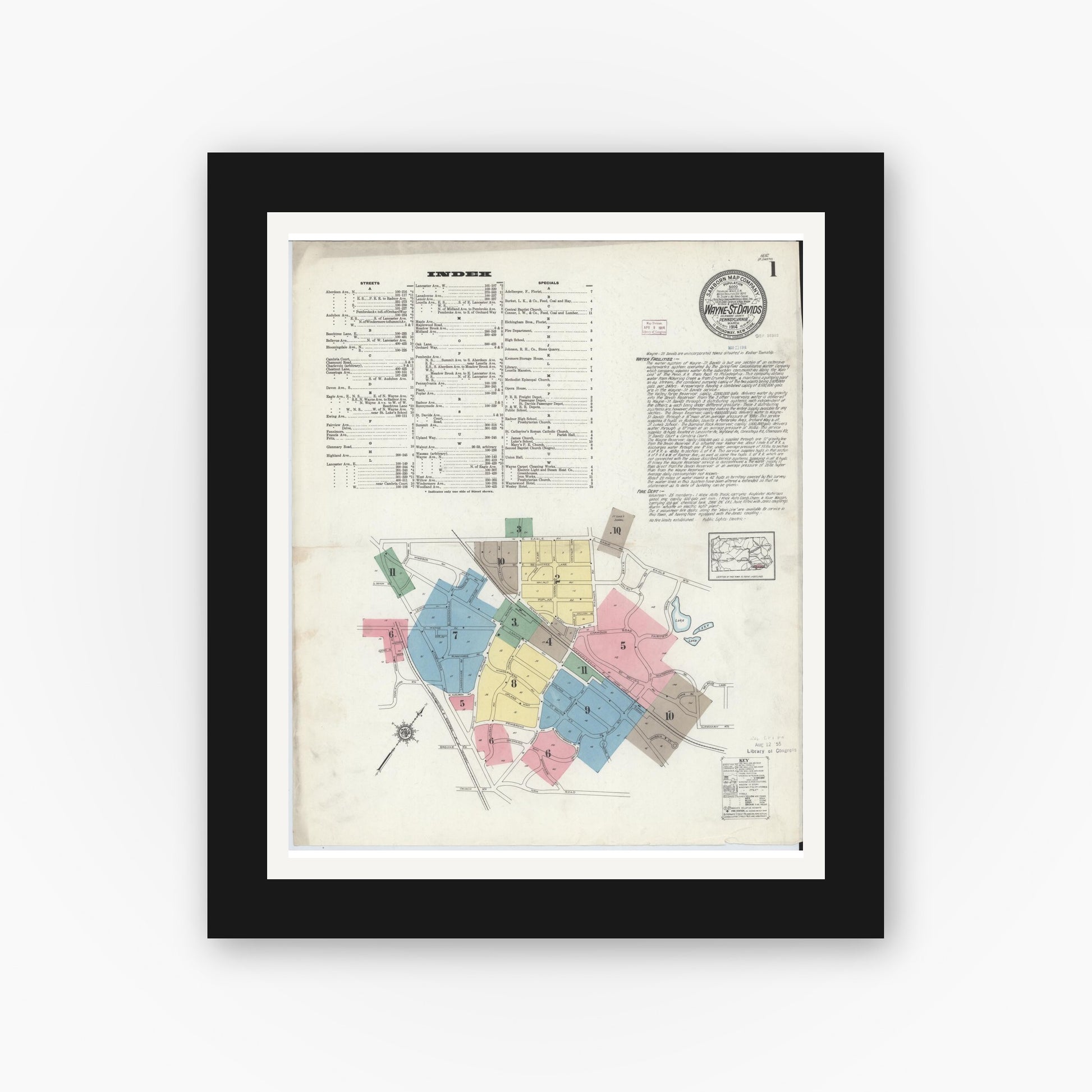 Old map wall art mockup — black gallery frame with white mat — Sanborn Fire Insurance Map from Wayne, Delaware County, Pennsylvania (1914) - Complete Map Set