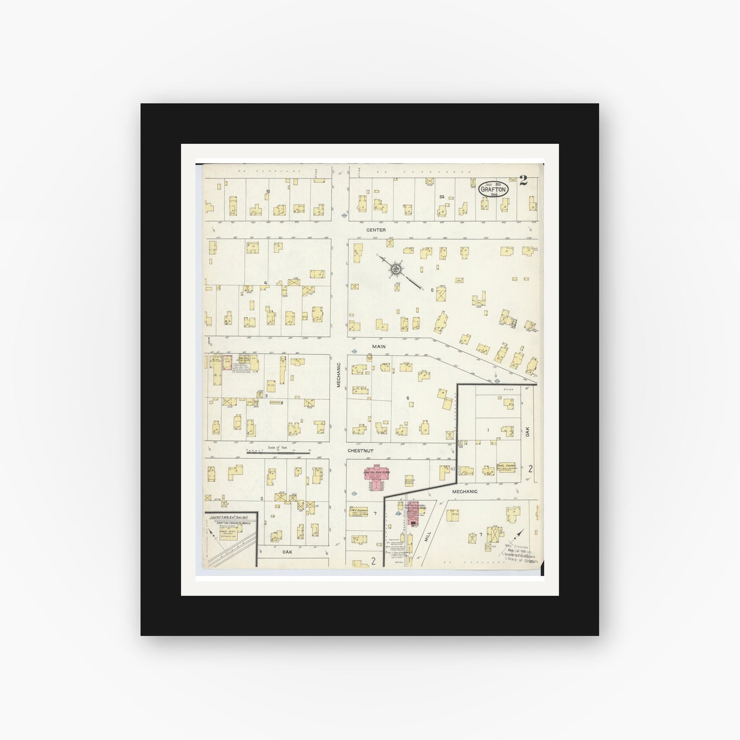 Old map wall art mockup — black gallery frame with white mat — Sanborn Fire Insurance Map from Grafton, Lorain County, Ohio (1913), Sheet #0002