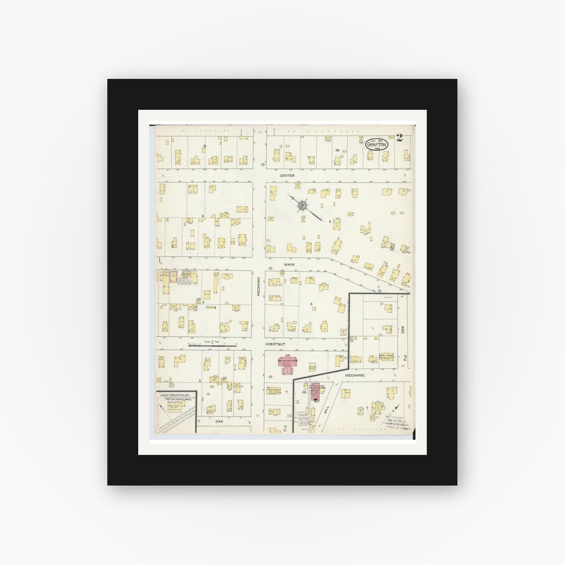 Old map wall art mockup — black gallery frame with white mat — Sanborn Fire Insurance Map from Grafton, Lorain County, Ohio (1913), Sheet #0002