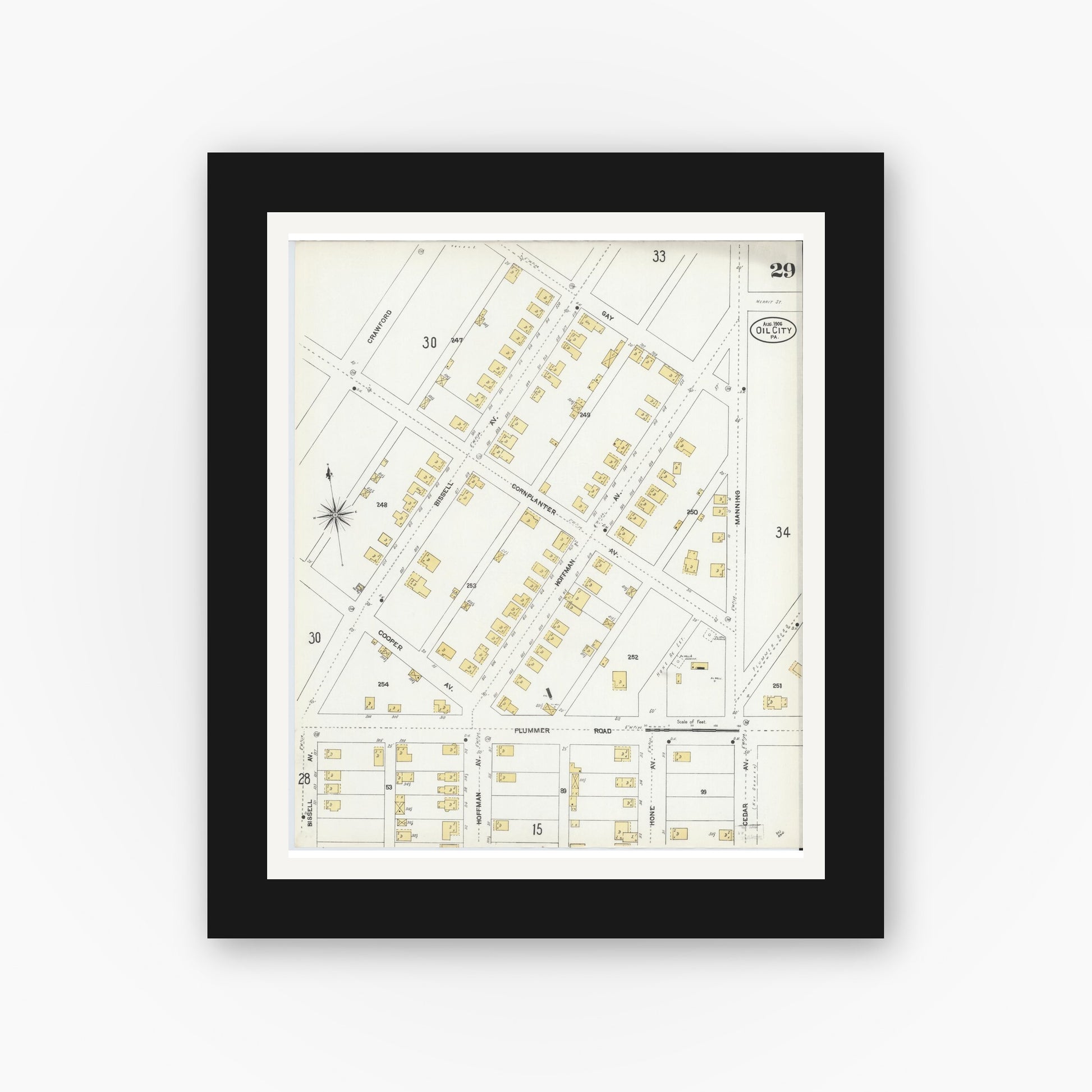 Old map wall art mockup — black gallery frame with white mat — Sanborn Fire Insurance Map from Oil City, Venango County, Pennsylvania (1906), Sheet #0029