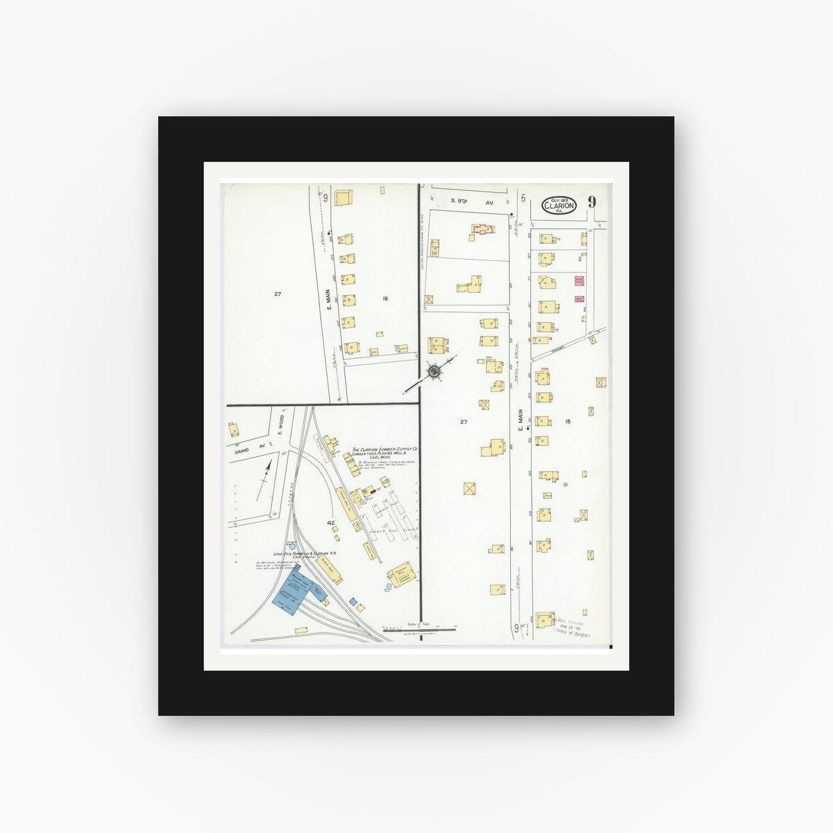 Old map wall art mockup — black gallery frame with white mat — Sanborn Fire Insurance Map from Clarion, Clarion County, Pennsylvania (1919), Sheet #0009