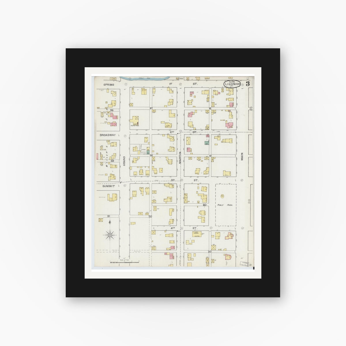 Old map wall art mockup — black gallery frame with white mat — Sanborn Fire Insurance Map from Ligonier, Noble County, Indiana (1892), Sheet #0003