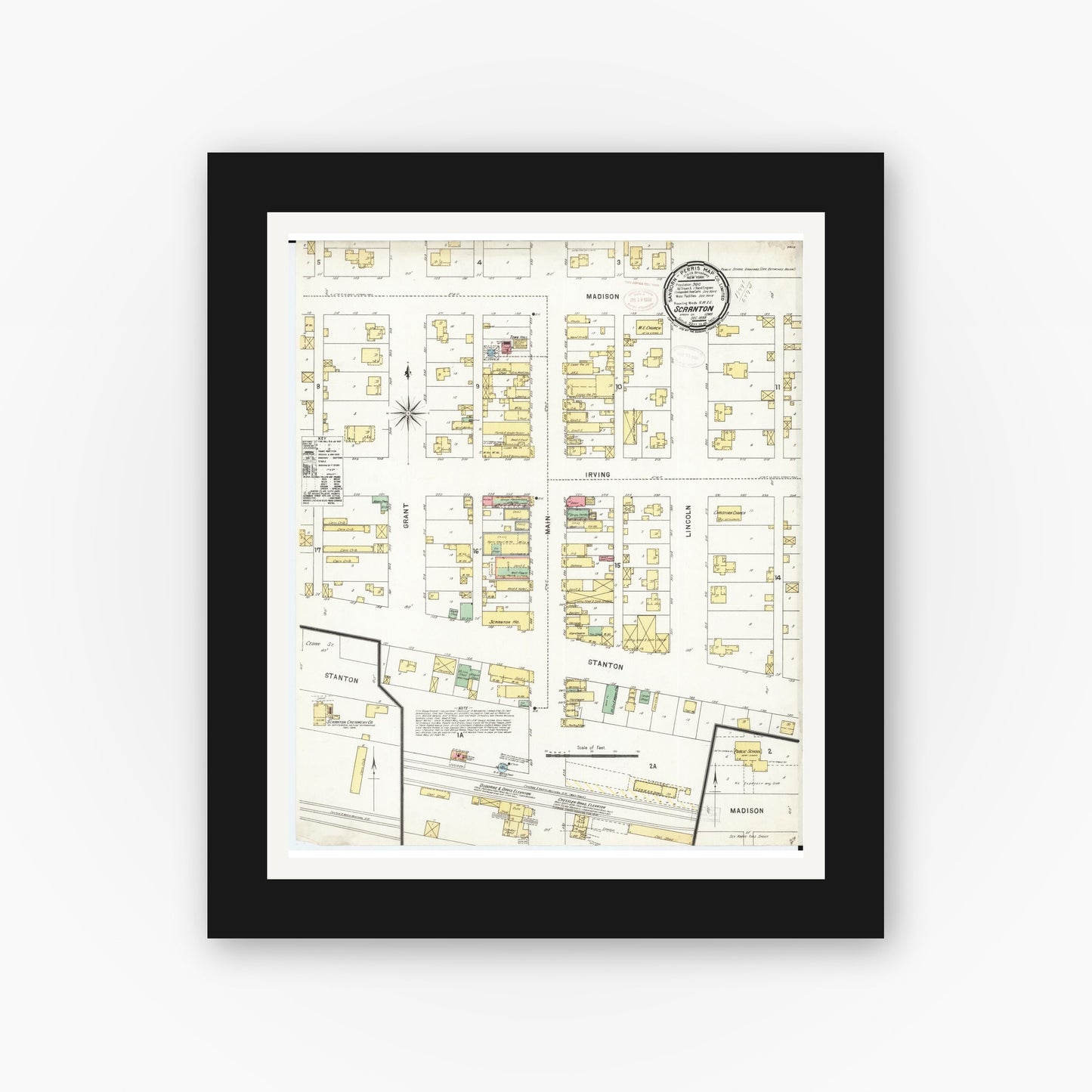 Old map wall art mockup — black gallery frame with white mat — Sanborn Fire Insurance Map from Scranton, Greene County, Iowa (1898), Sheet #0001