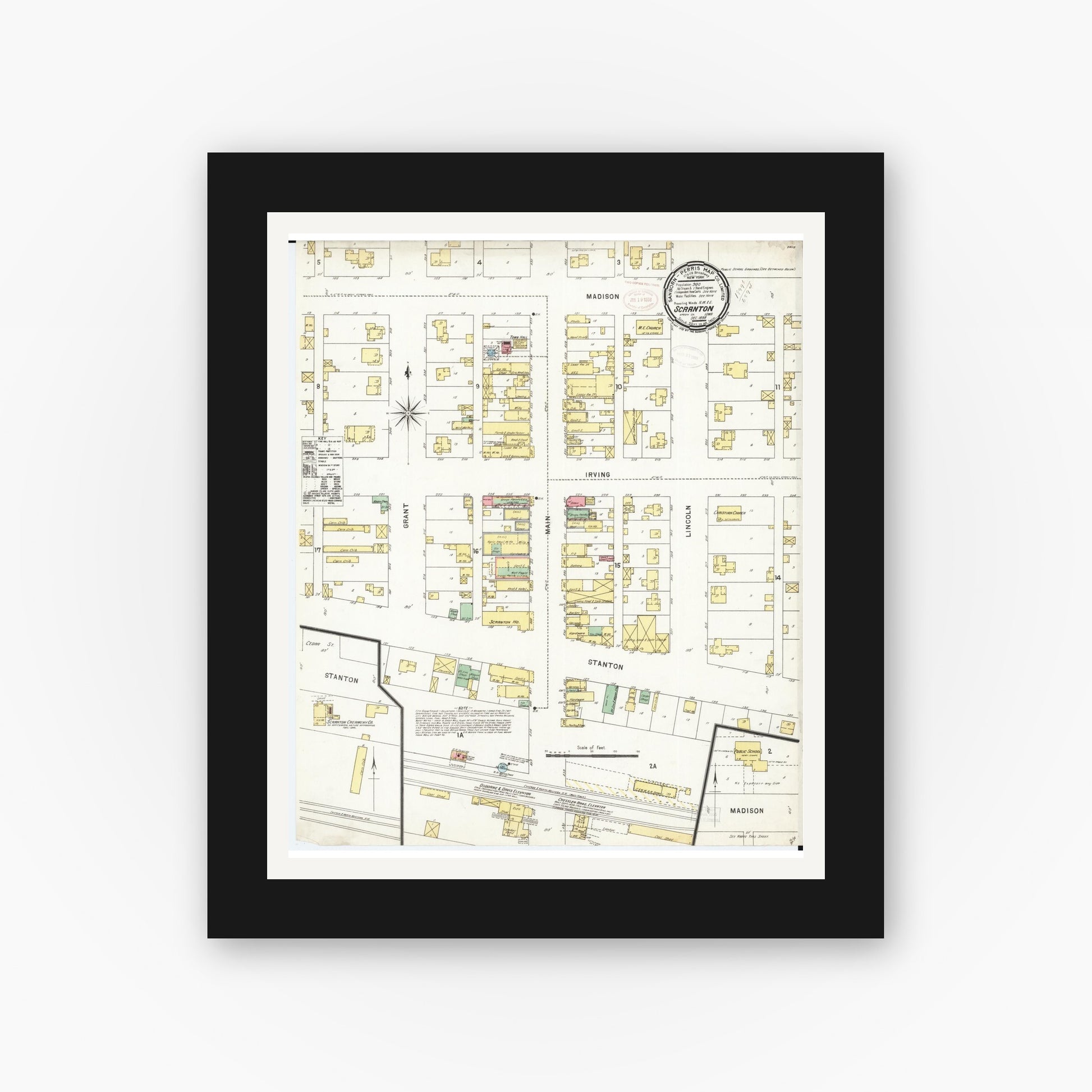 Old map wall art mockup — black gallery frame with white mat — Sanborn Fire Insurance Map from Scranton, Greene County, Iowa (1898), Sheet #0001