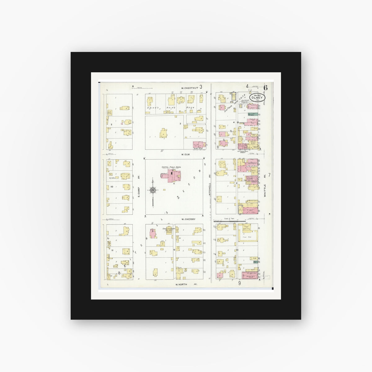 Old map wall art mockup — black gallery frame with white mat — Sanborn Fire Insurance Map from Olney, Richland County, Illinois (1910), Sheet #0006