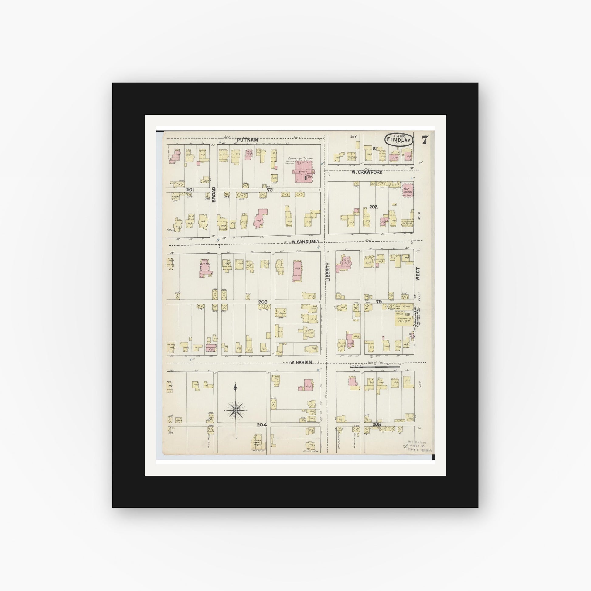 Old map wall art mockup — black gallery frame with white mat — Sanborn Fire Insurance Map from Findlay, Hancock County, Ohio (1890), Sheet #0007