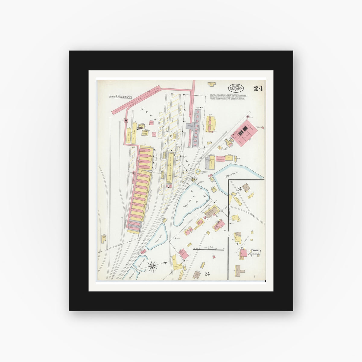 Old map wall art mockup — black gallery frame with white mat — Sanborn Fire Insurance Map from El Paso, El Paso County, Texas (1902), Sheet #0024