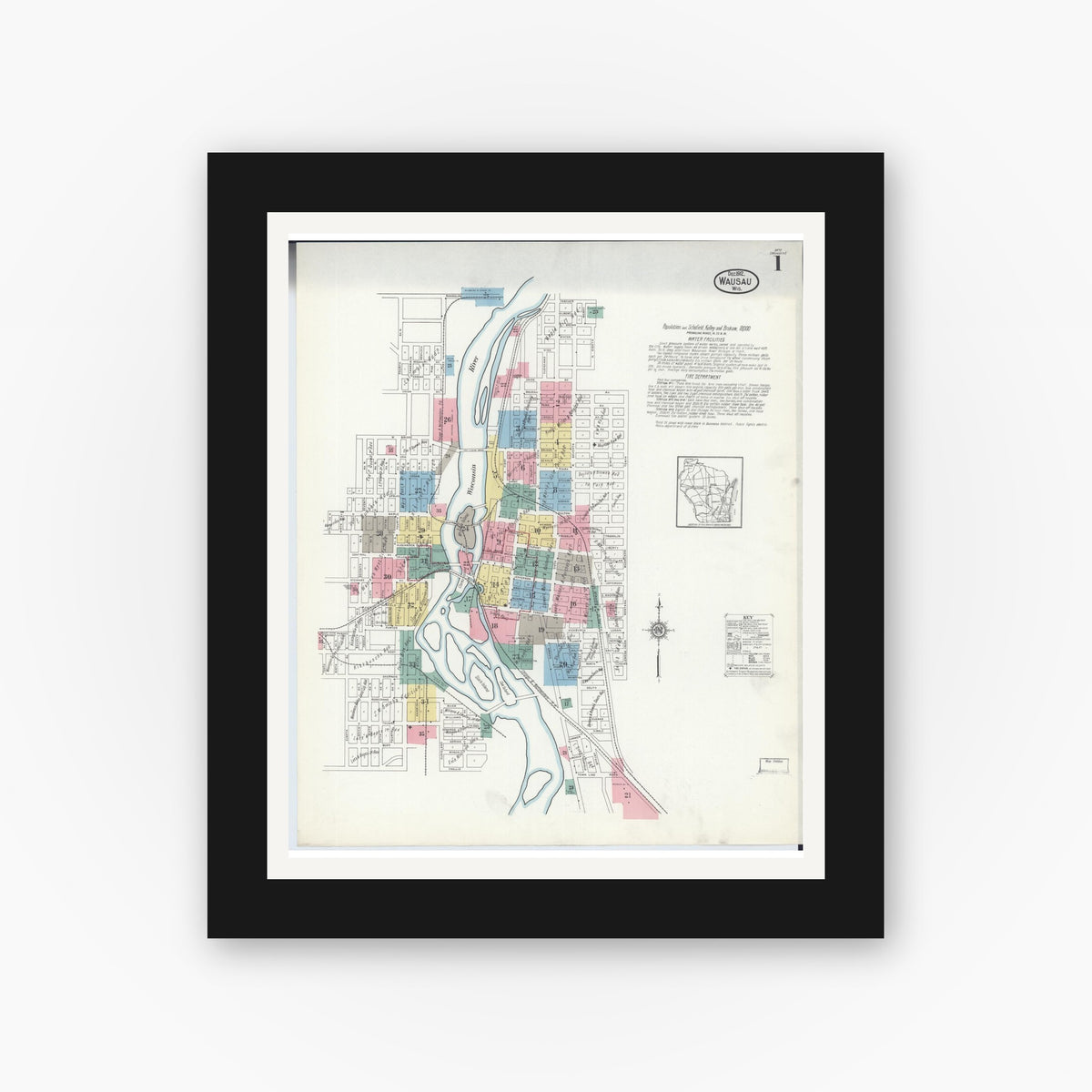 Old map wall art mockup — black gallery frame with white mat — Sanborn Fire Insurance Map from Wausau, Marathon County, Wisconsin (1912) - Complete Map Set