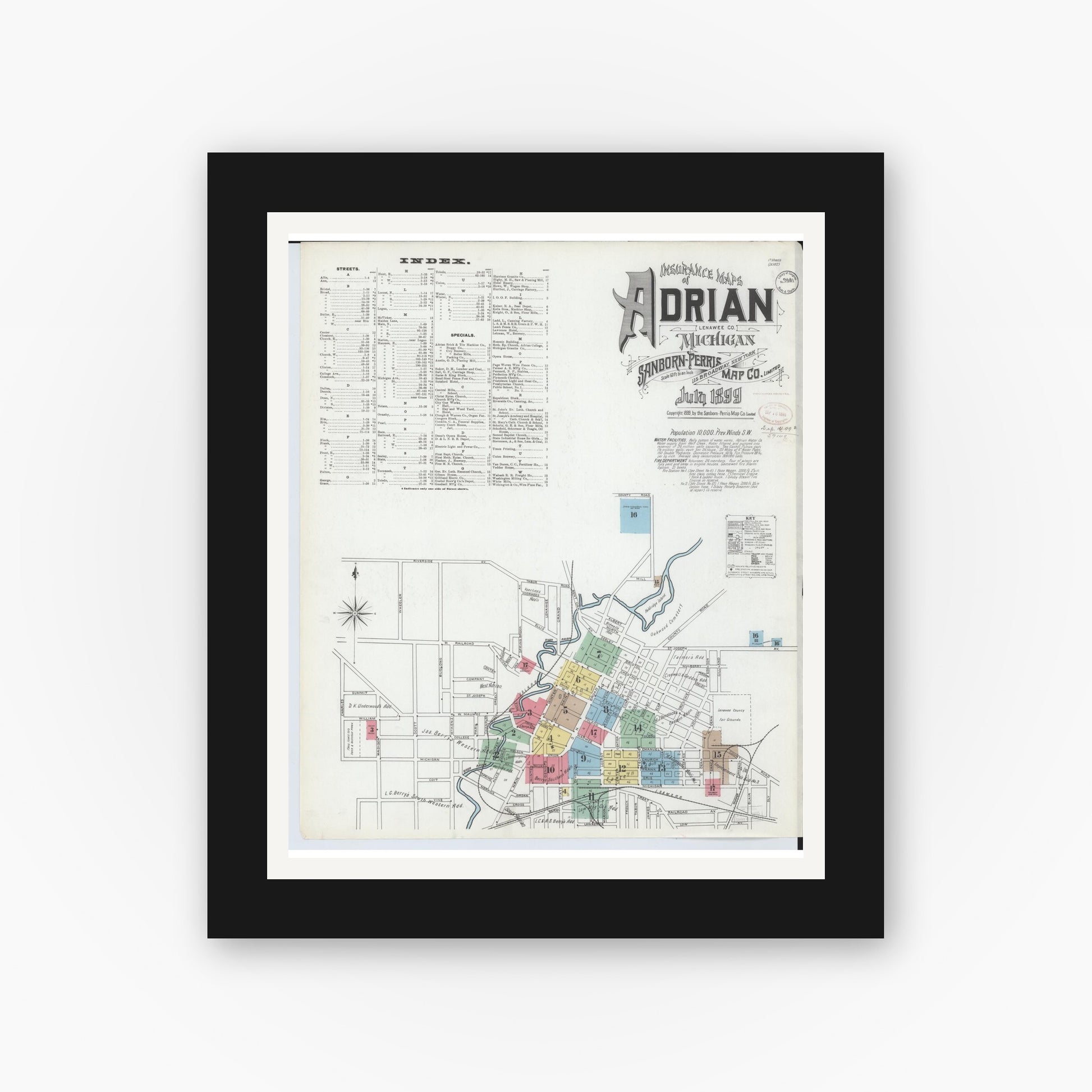 Old map wall art mockup — black gallery frame with white mat — Sanborn Fire Insurance Map from Adrian, Lenawee County, Michigan (1899), Sheet #0001