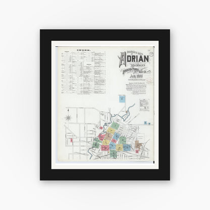 Old map wall art mockup — black gallery frame with white mat — Sanborn Fire Insurance Map from Adrian, Lenawee County, Michigan (1899), Sheet #0001