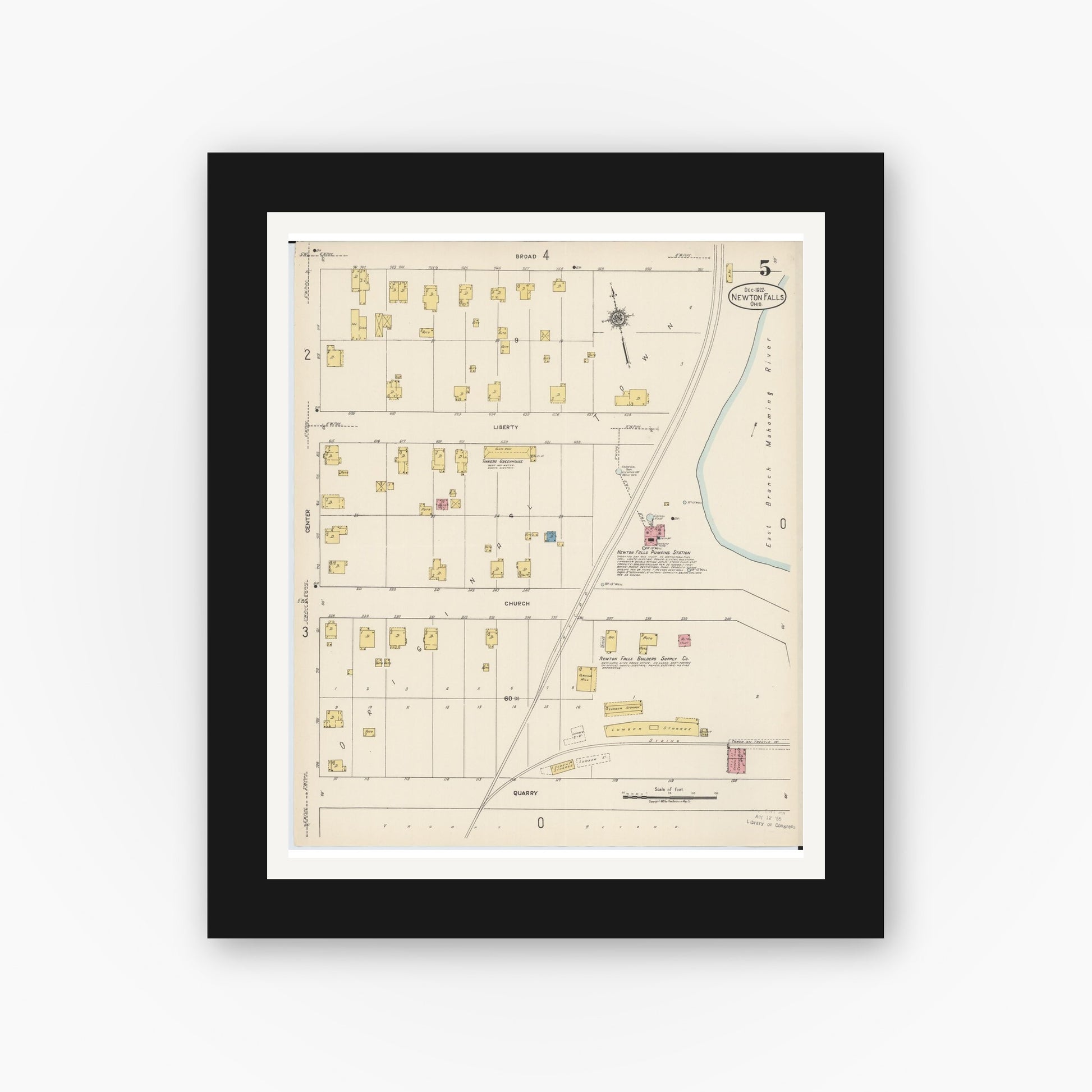 Old map wall art mockup — black gallery frame with white mat — Sanborn Fire Insurance Map from Newton Falls, Trumbull County, Ohio (1922), Sheet #0005