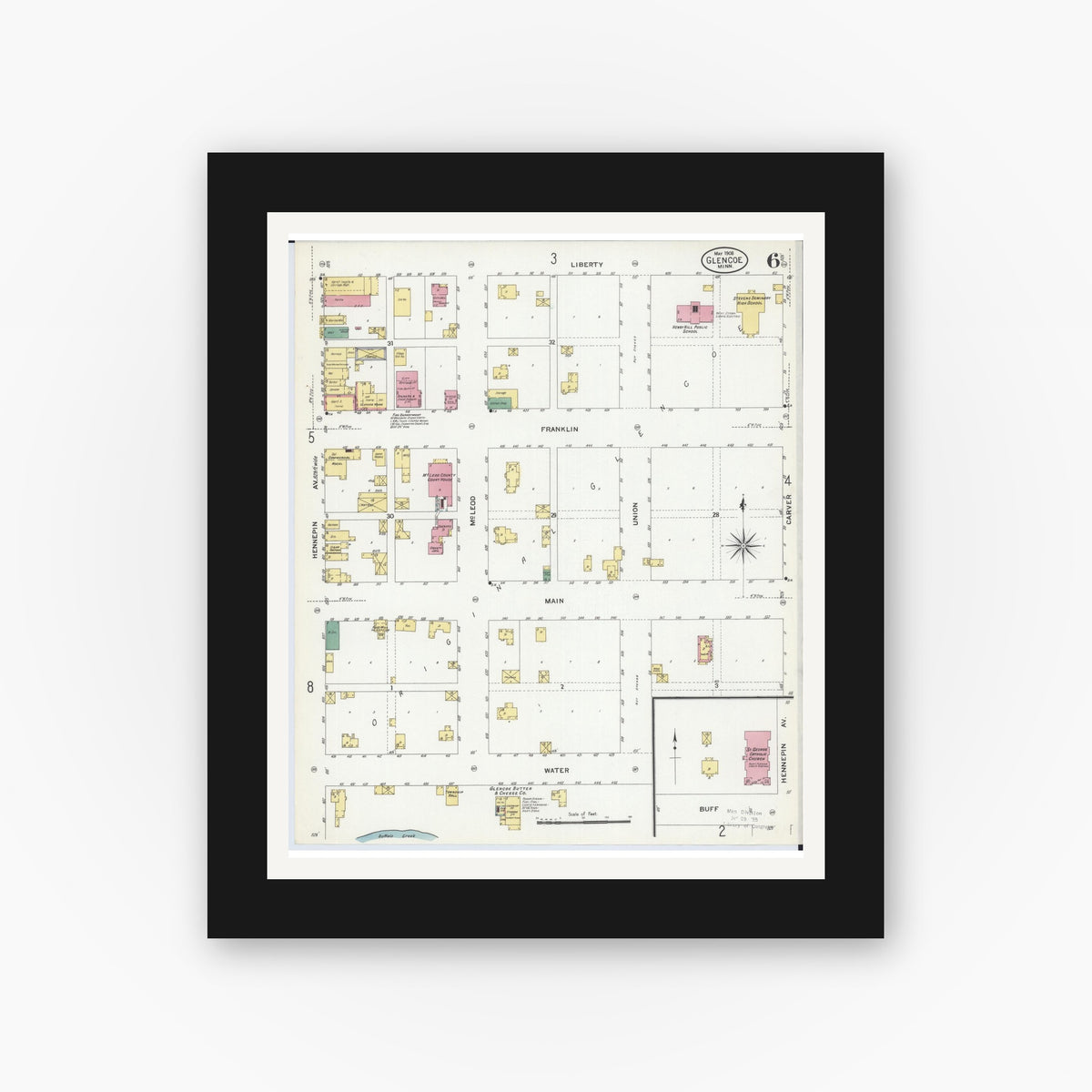 Old map wall art mockup — black gallery frame with white mat — Sanborn Fire Insurance Map from Glencoe, Mcleod County, Minnesota (1908), Sheet #0006