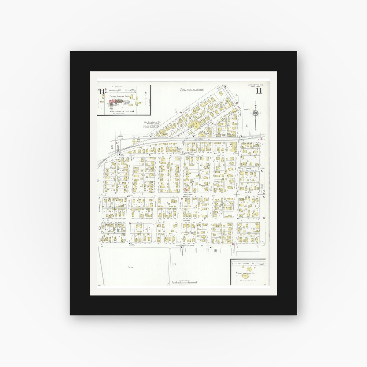 Old map wall art mockup — black gallery frame with white mat — Sanborn Fire Insurance Map from Marinette, Marinette County, Wisconsin (1935), Sheet #0011