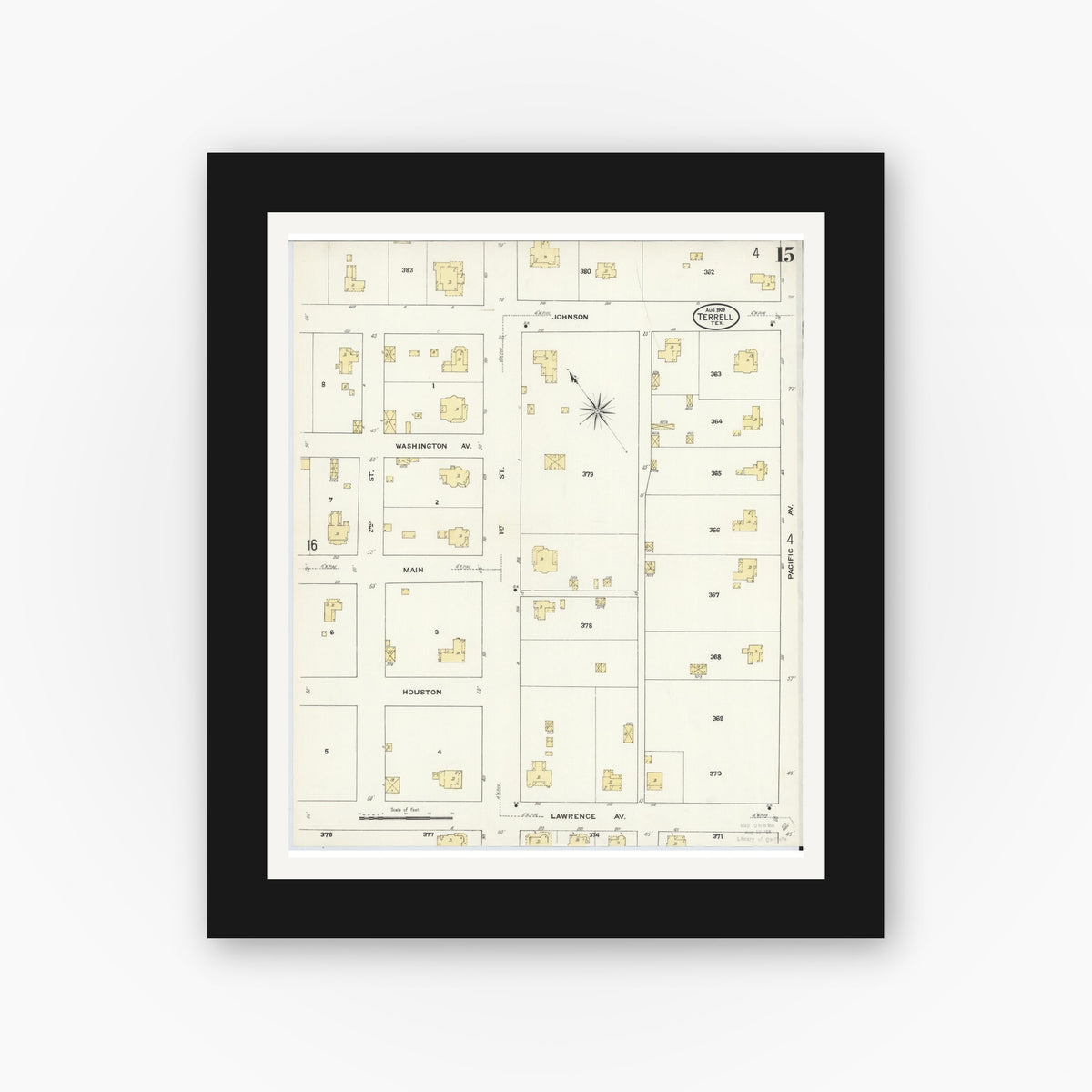 Old map wall art mockup — black gallery frame with white mat — Sanborn Fire Insurance Map from Terrell, Kaufman County, Texas (1909), Sheet #0015