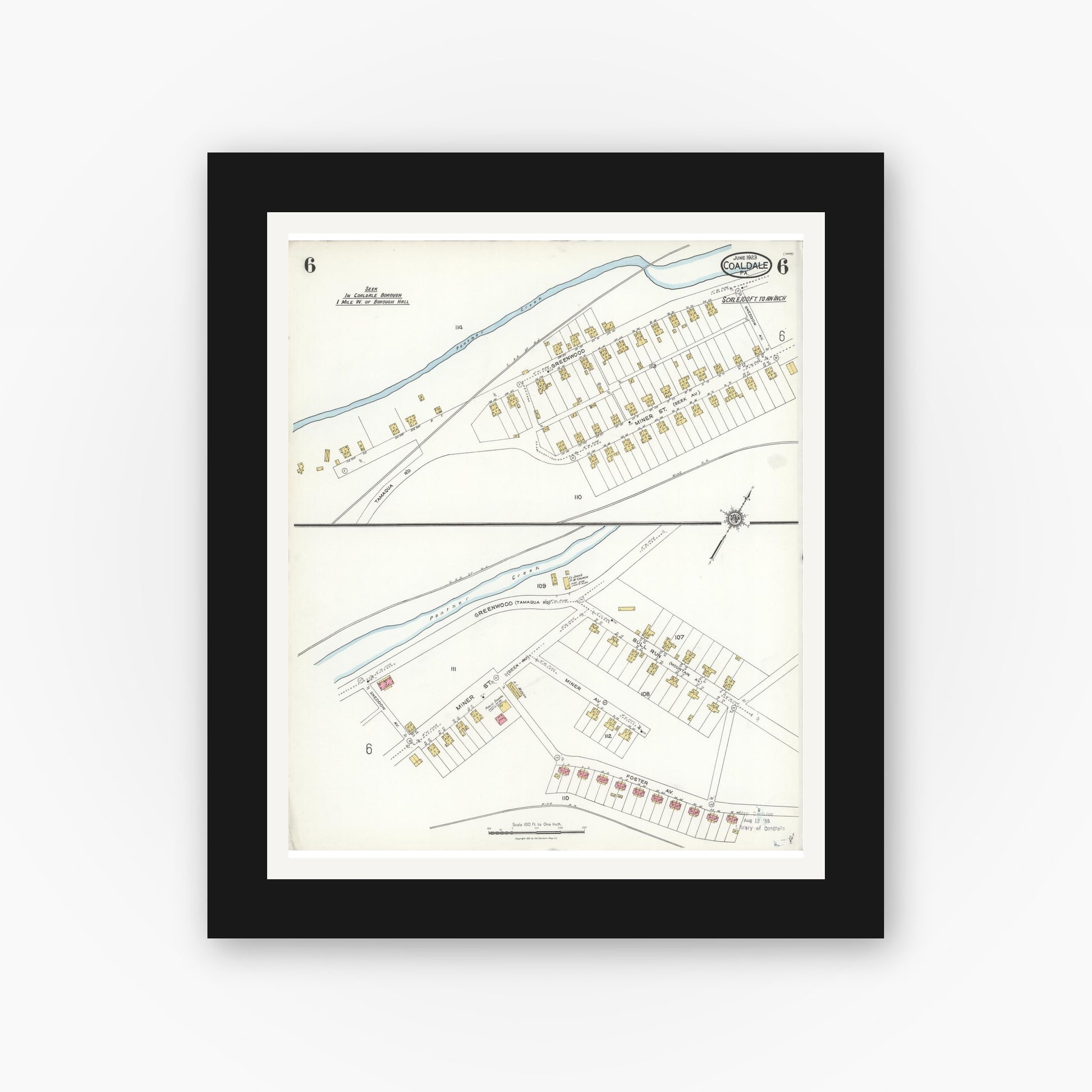 Old map wall art mockup — black gallery frame with white mat — Sanborn Fire Insurance Map from Coaldale, Schuylkill County, Pennsylvania (1923), Sheet #0006