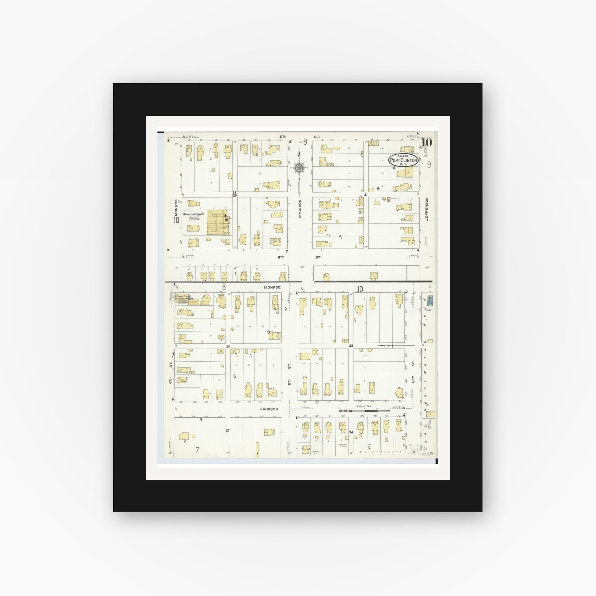 Old map wall art mockup — black gallery frame with white mat — Sanborn Fire Insurance Map from Port Clinton, Ottawa County, Ohio (1910), Sheet #0010