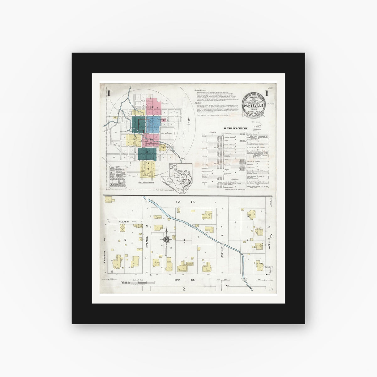 Old map wall art mockup — black gallery frame with white mat — Sanborn Fire Insurance Map from Huntsville, Walker County, Texas (1925), Sheet #0001