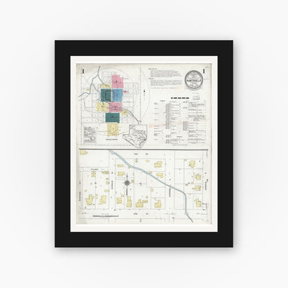 Old map wall art mockup — black gallery frame with white mat — Sanborn Fire Insurance Map from Huntsville, Walker County, Texas (1925), Sheet #0001