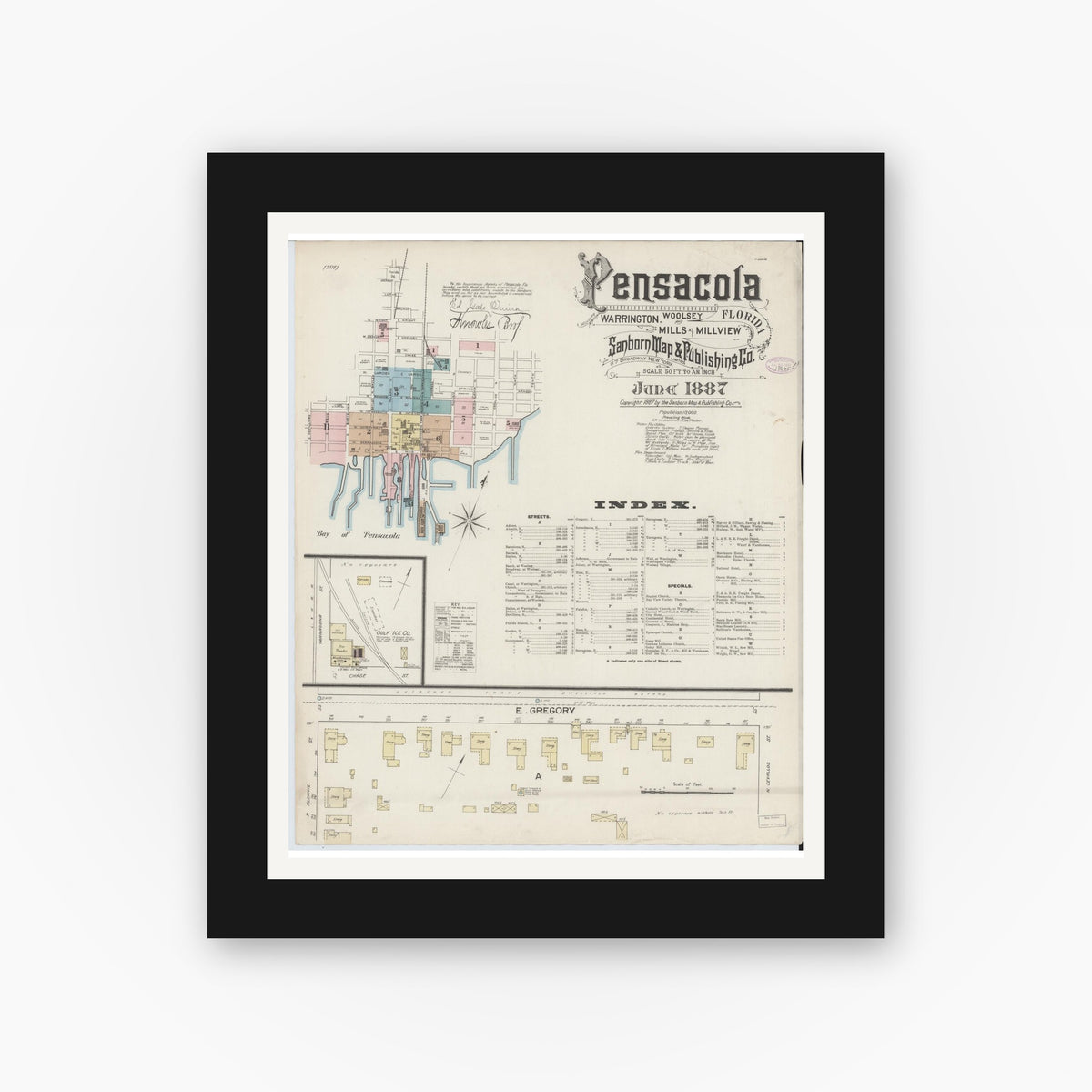 Old map wall art mockup — black gallery frame with white mat — Sanborn Fire Insurance Map from Pensacola, Escambia County, Florida (1887) - Complete Map Set