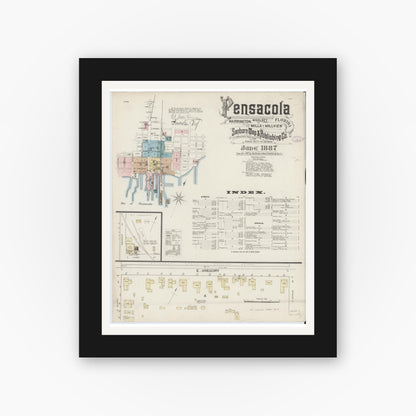Old map wall art mockup — black gallery frame with white mat — Sanborn Fire Insurance Map from Pensacola, Escambia County, Florida (1887) - Complete Map Set