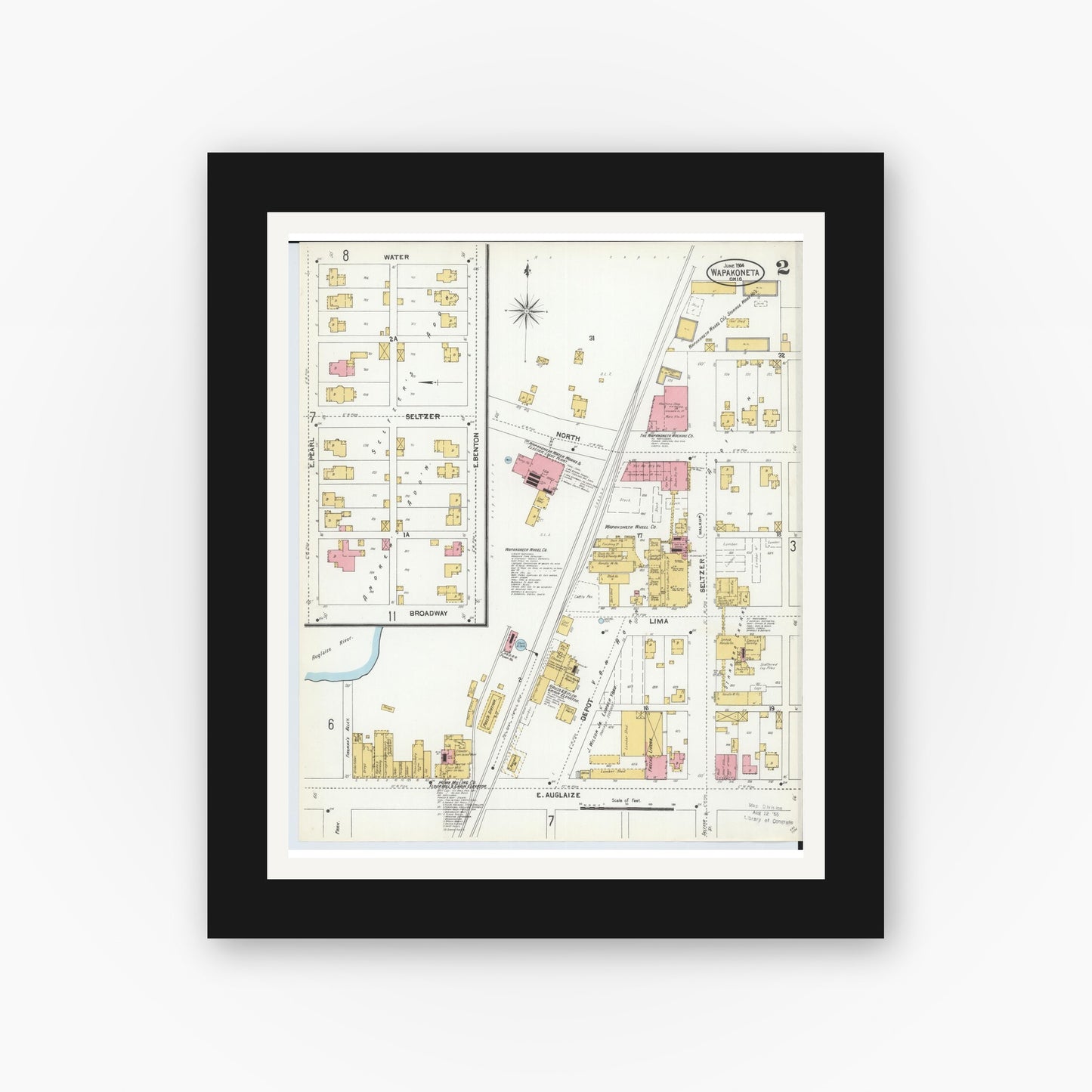 Old map wall art mockup — black gallery frame with white mat — Sanborn Fire Insurance Map from Wapakoneta, Auglaize County, Ohio (1904), Sheet #0002