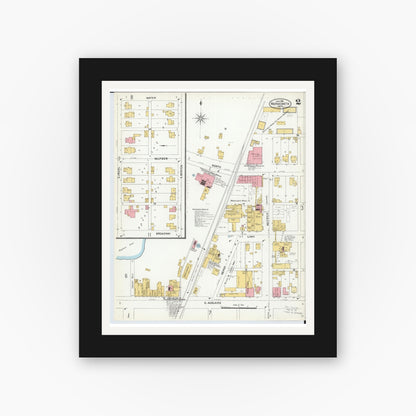 Old map wall art mockup — black gallery frame with white mat — Sanborn Fire Insurance Map from Wapakoneta, Auglaize County, Ohio (1904), Sheet #0002