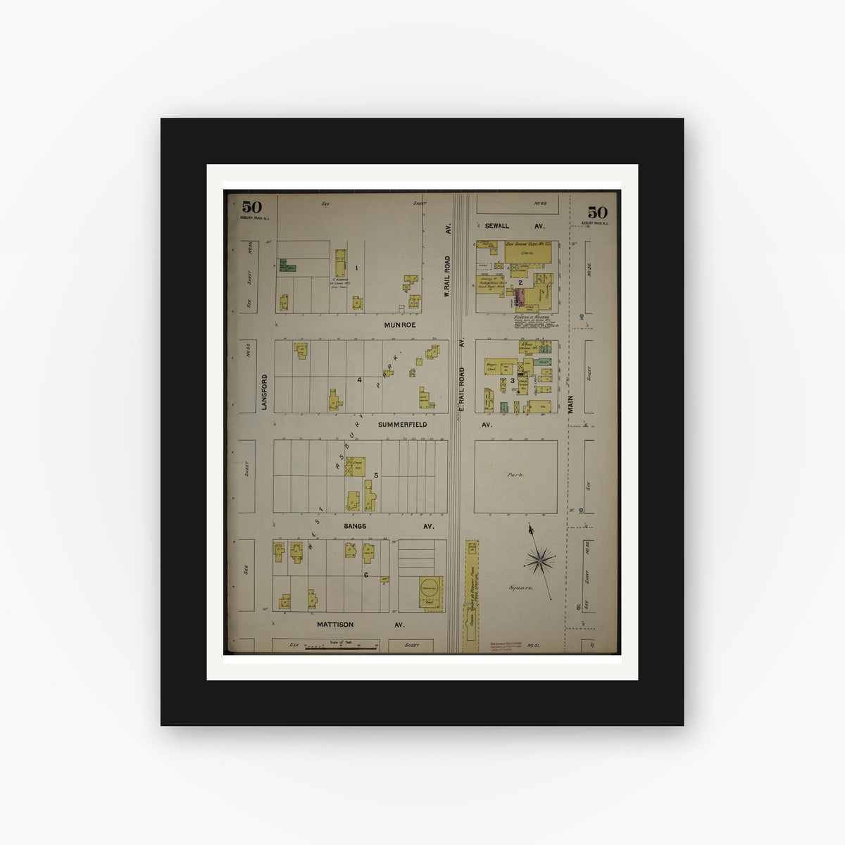 Old map wall art mockup — black gallery frame with white mat — Sanborn Fire Insurance Map from New Jersey Coast, New Jersey Coast, New Jersey (1890), Sheet #0050