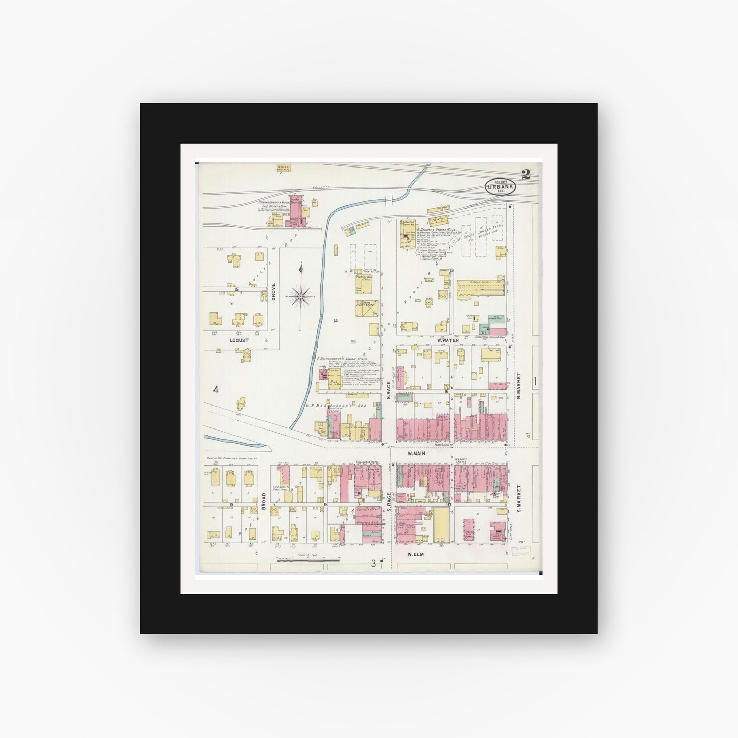 Old map wall art mockup — black gallery frame with white mat — Sanborn Fire Insurance Map from Urbana, Champaign County, Illinois (1897), Sheet #0002