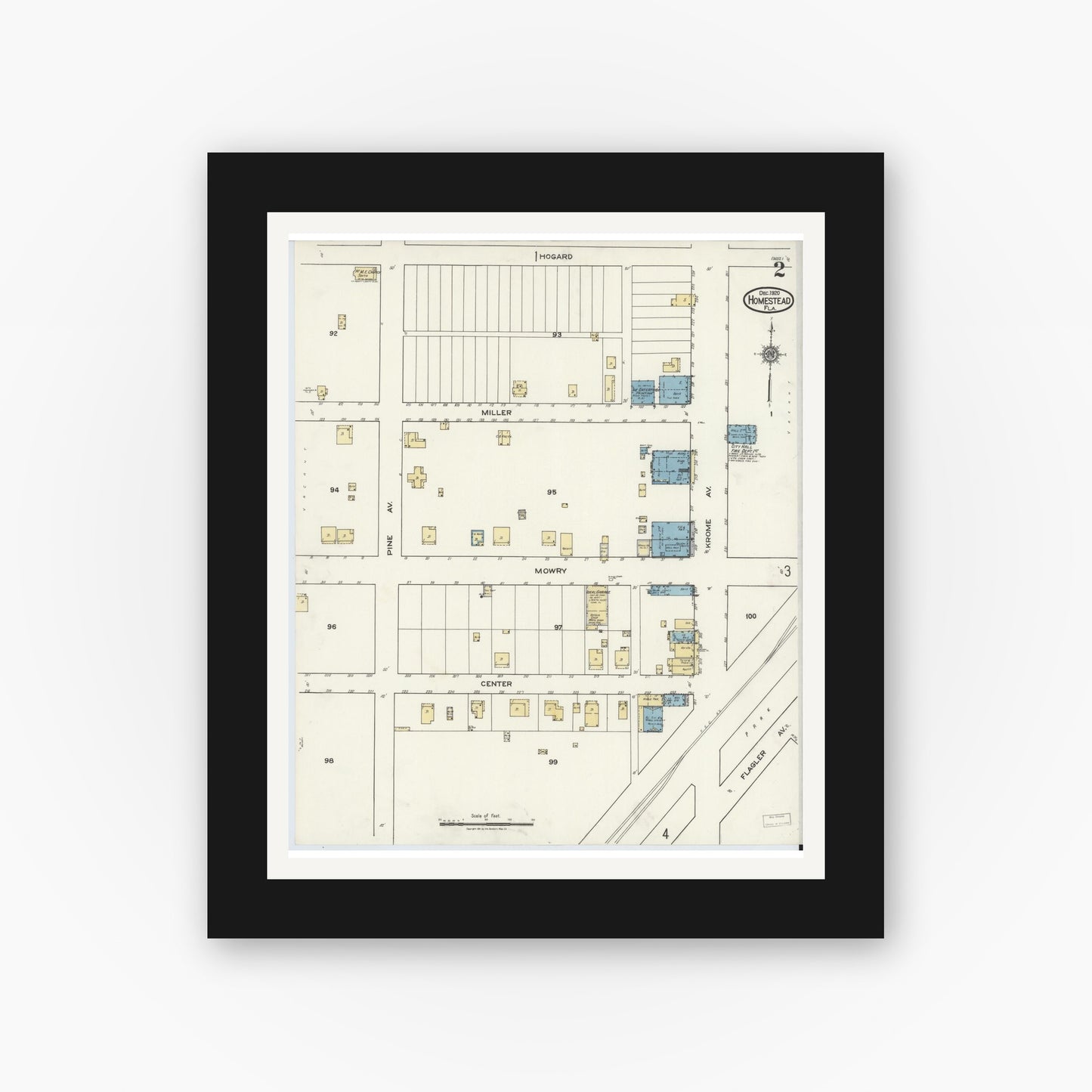 Old map wall art mockup — black gallery frame with white mat — Sanborn Fire Insurance Map from Holmestead, Dade County, Florida (1920), Sheet #0002