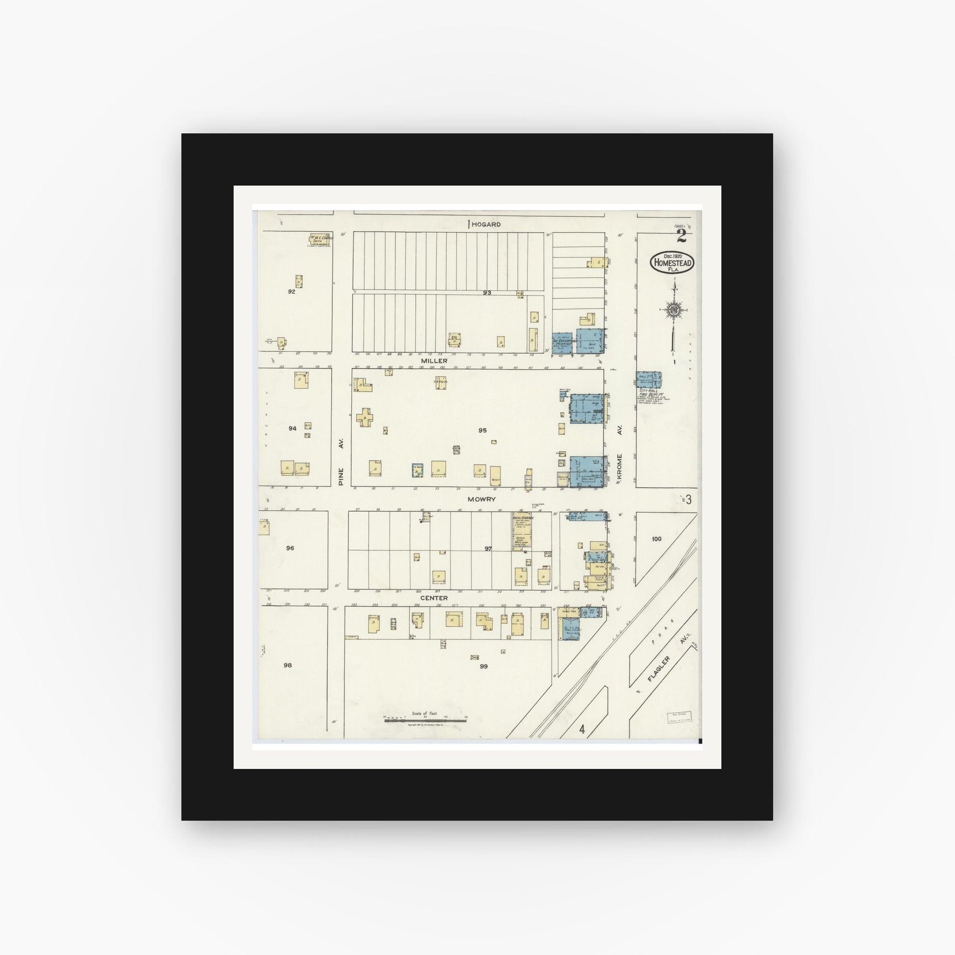 Old map wall art mockup — black gallery frame with white mat — Sanborn Fire Insurance Map from Holmestead, Dade County, Florida (1920), Sheet #0002
