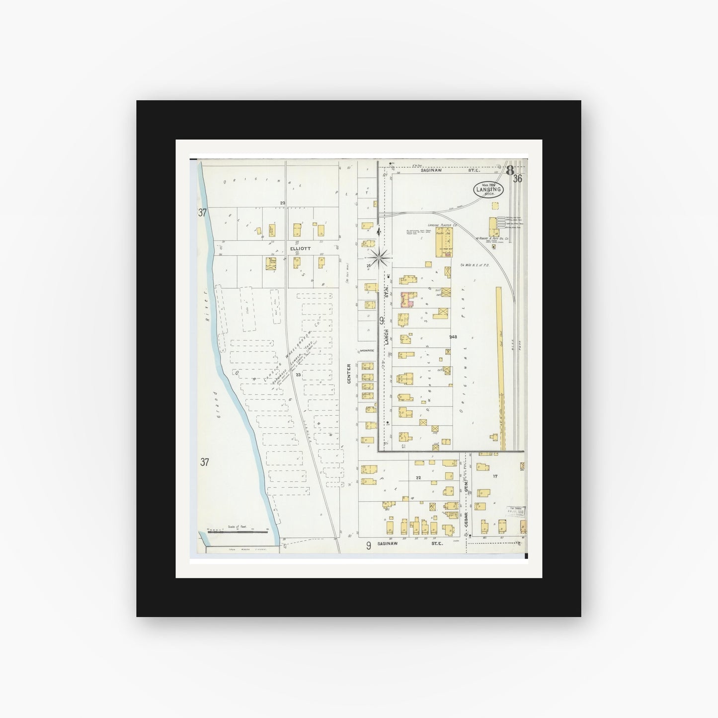Old map wall art mockup — black gallery frame with white mat — Sanborn Fire Insurance Map from Lansing, Ingham County, Michigan (1906), Sheet #0008
