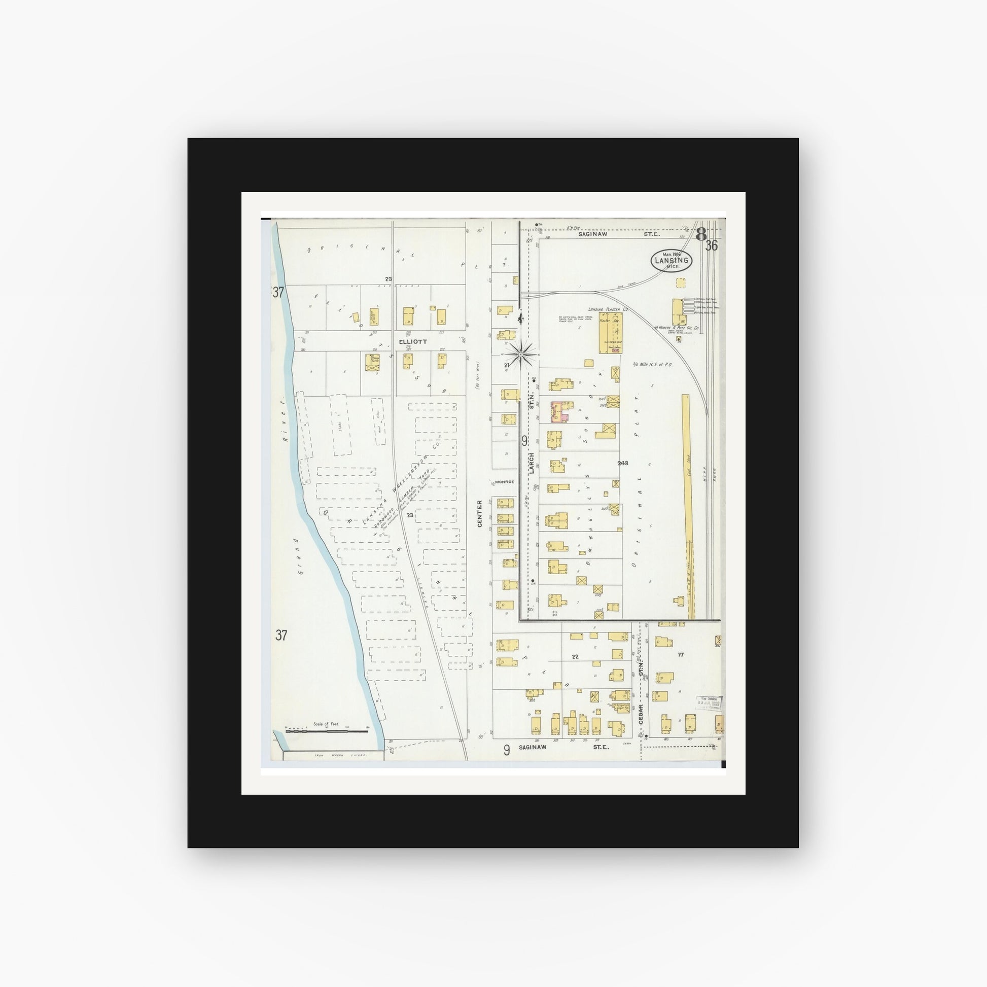 Old map wall art mockup — black gallery frame with white mat — Sanborn Fire Insurance Map from Lansing, Ingham County, Michigan (1906), Sheet #0008
