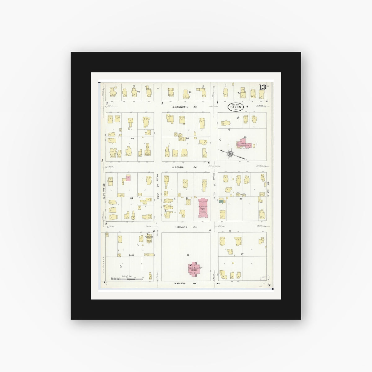 Old map wall art mockup — black gallery frame with white mat — Sanborn Fire Insurance Map from Dixon, Lee County, Illinois (1910), Sheet #0013