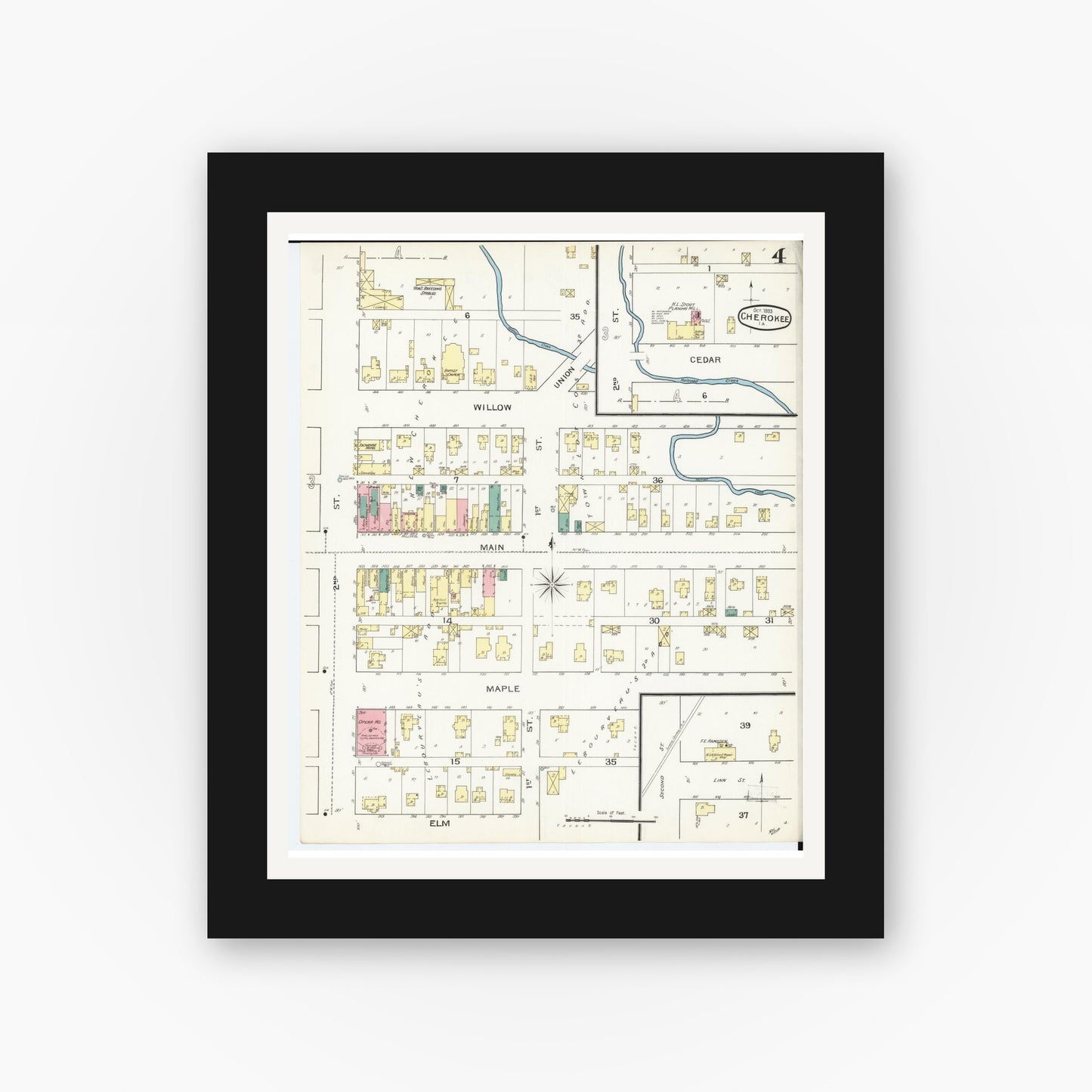 Old map wall art mockup — black gallery frame with white mat — Sanborn Fire Insurance Map from Cherokee, Cherokee County, Iowa (1893), Sheet #0004