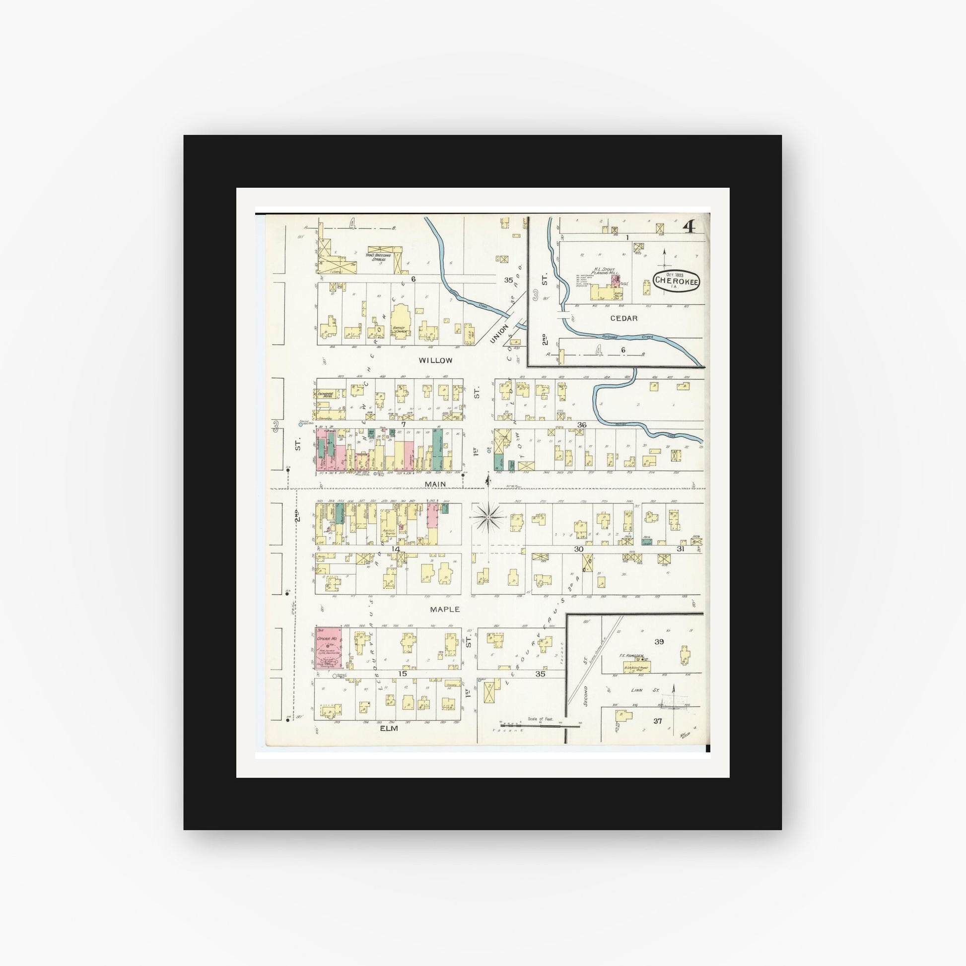 Old map wall art mockup — black gallery frame with white mat — Sanborn Fire Insurance Map from Cherokee, Cherokee County, Iowa (1893), Sheet #0004