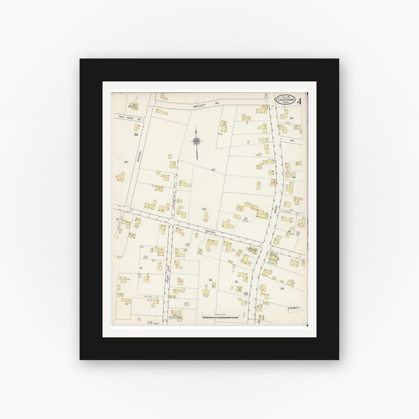 Old map wall art mockup — black gallery frame with white mat — Sanborn Fire Insurance Map from Chatham, Barnstable County, Massachusetts (1915), Sheet #0004
