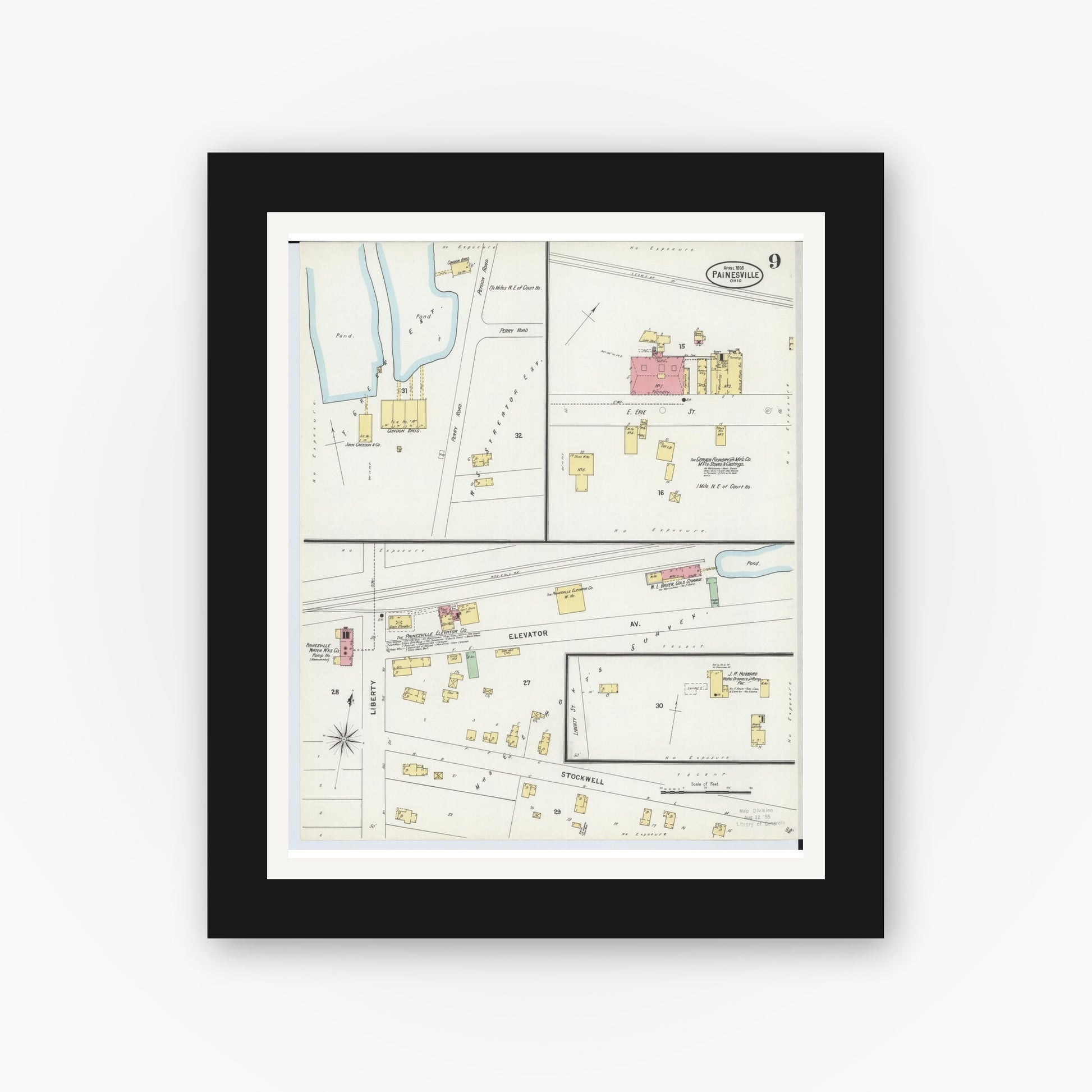 Old map wall art mockup — black gallery frame with white mat — Sanborn Fire Insurance Map from Painesville, Lake County, Ohio (1898), Sheet #0009