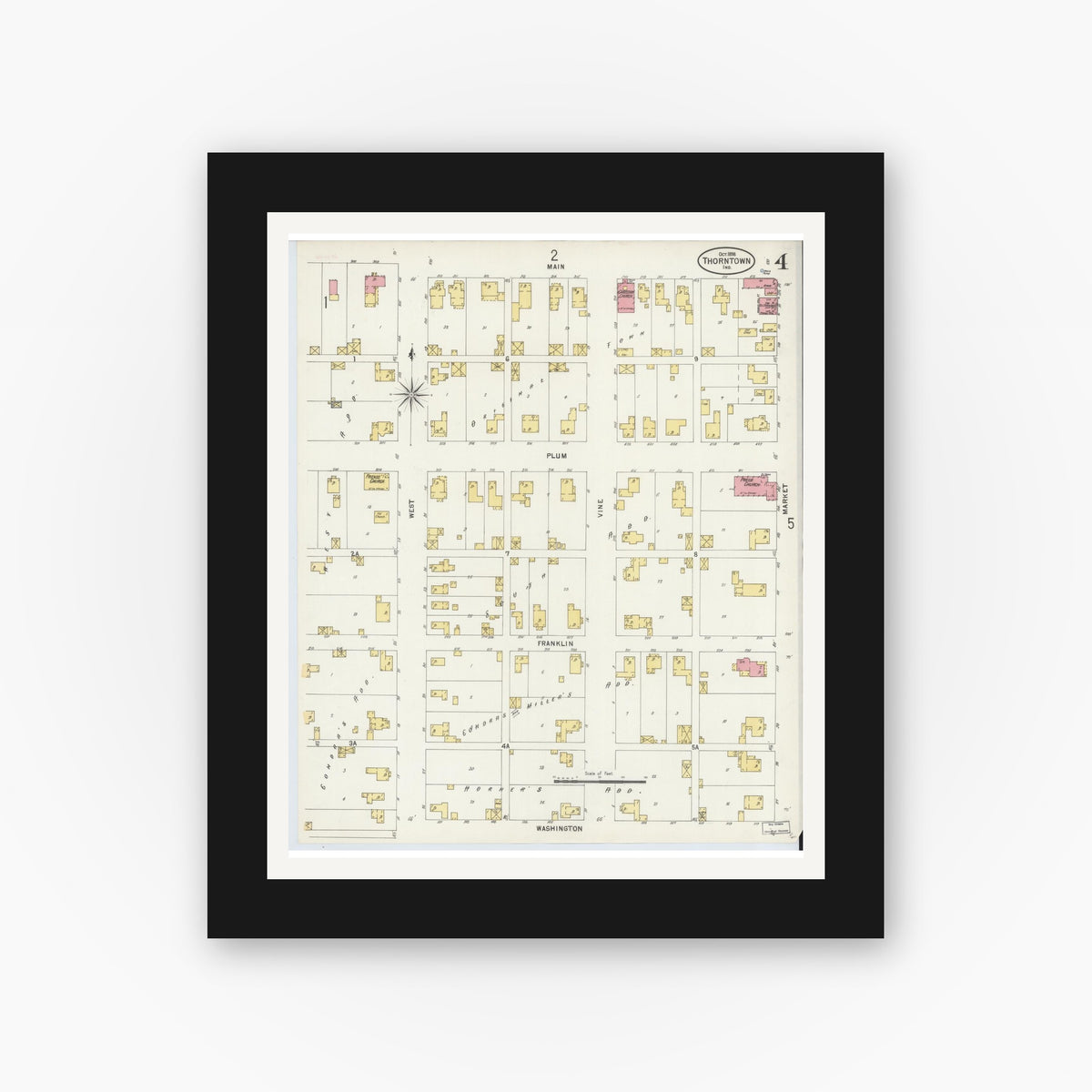 Old map wall art mockup — black gallery frame with white mat — Sanborn Fire Insurance Map from Thorntown, Boone County, Indiana (1898), Sheet #0004